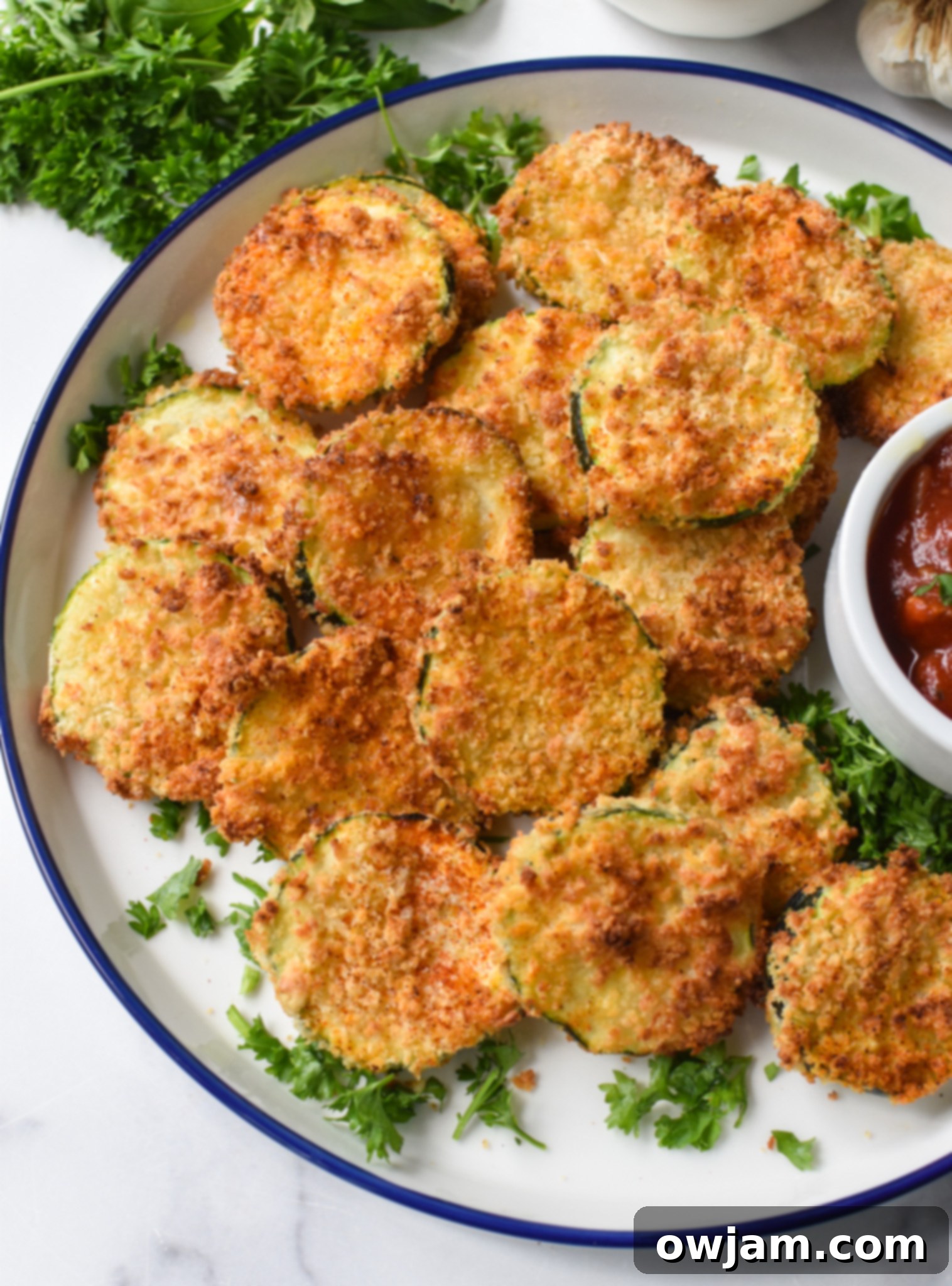 Crispy Air Fryer Zucchini Chips 5 A serving of golden Air Fryer Zucchini Chips garnished with fresh parsley, next to a small bowl of warm marinara dipping sauce.