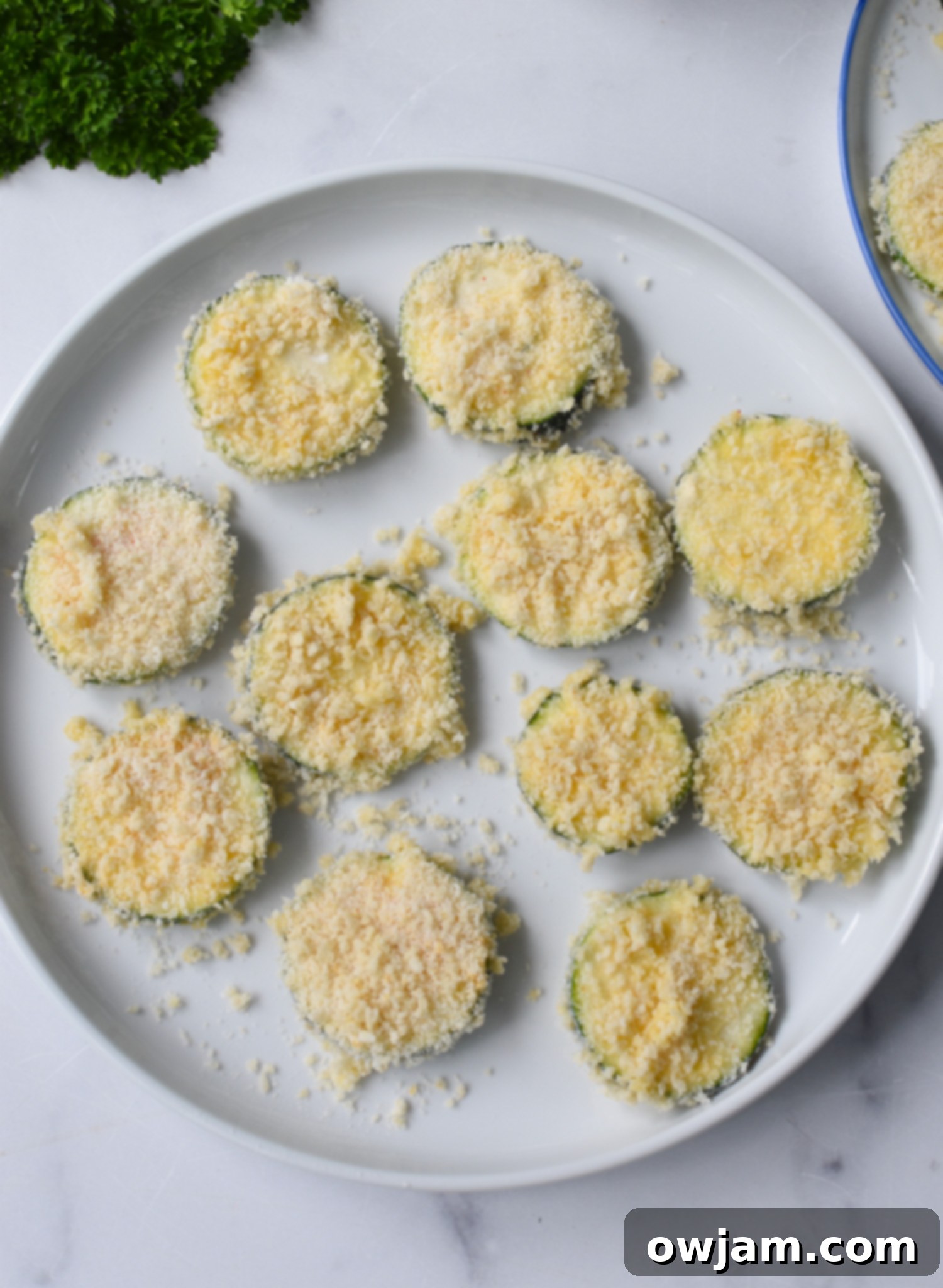 Coated Air Fryer Zucchini Chips arranged on a plate, lightly sprayed with oil and ready for air frying.