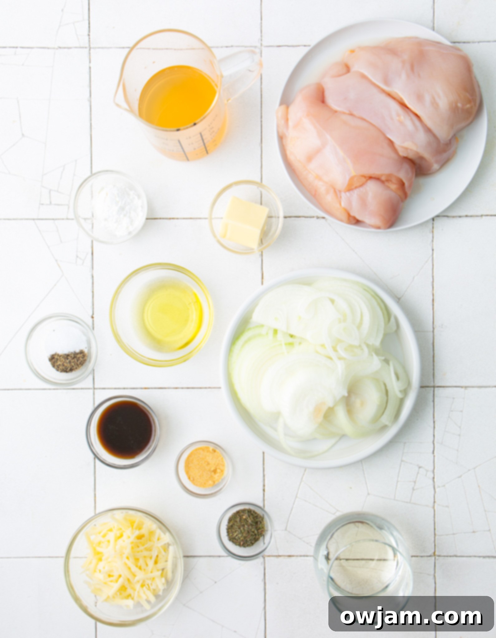 Irresistible French Onion Chicken 4 Ingredients for French Onion Chicken laid out on a counter.