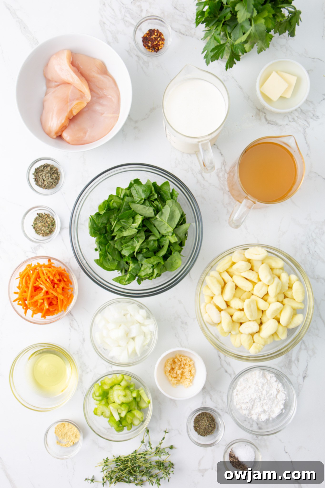 Copycat Olive Garden Chicken Gnocchi Soup Recipe ingredients laid out on a table.