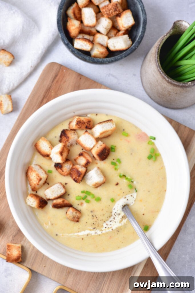 Potato Leek Soup above shot on cutting board.