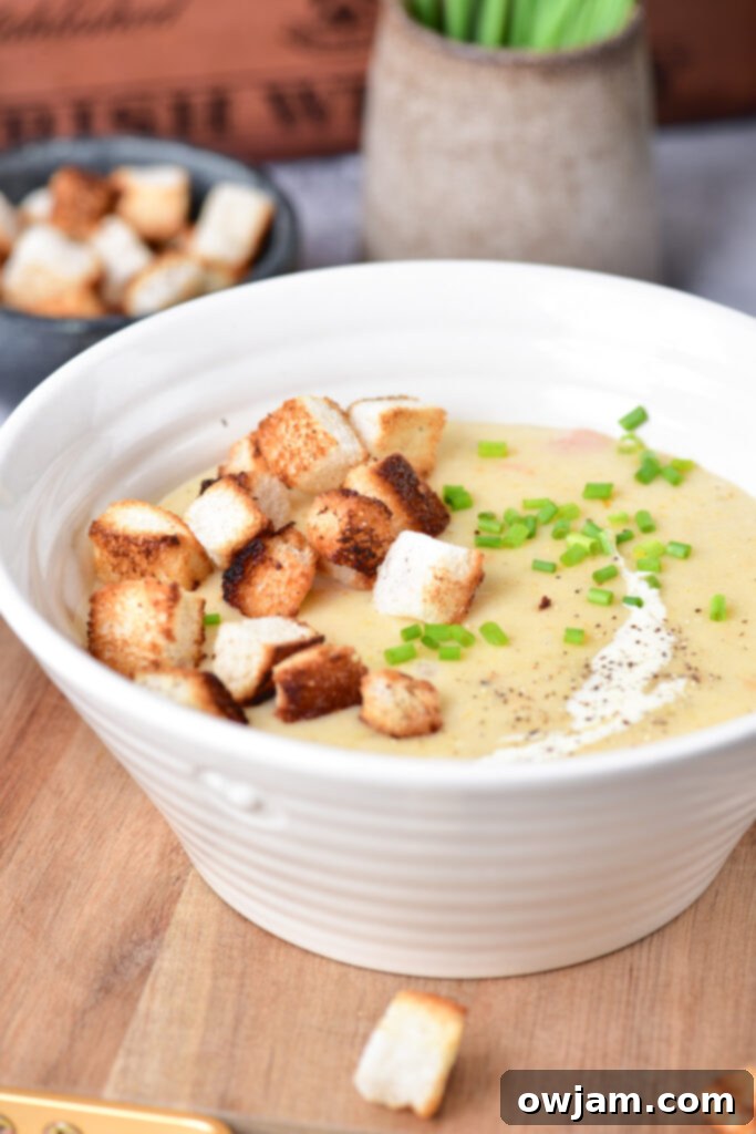 Potato Leek Soup in white bowl.