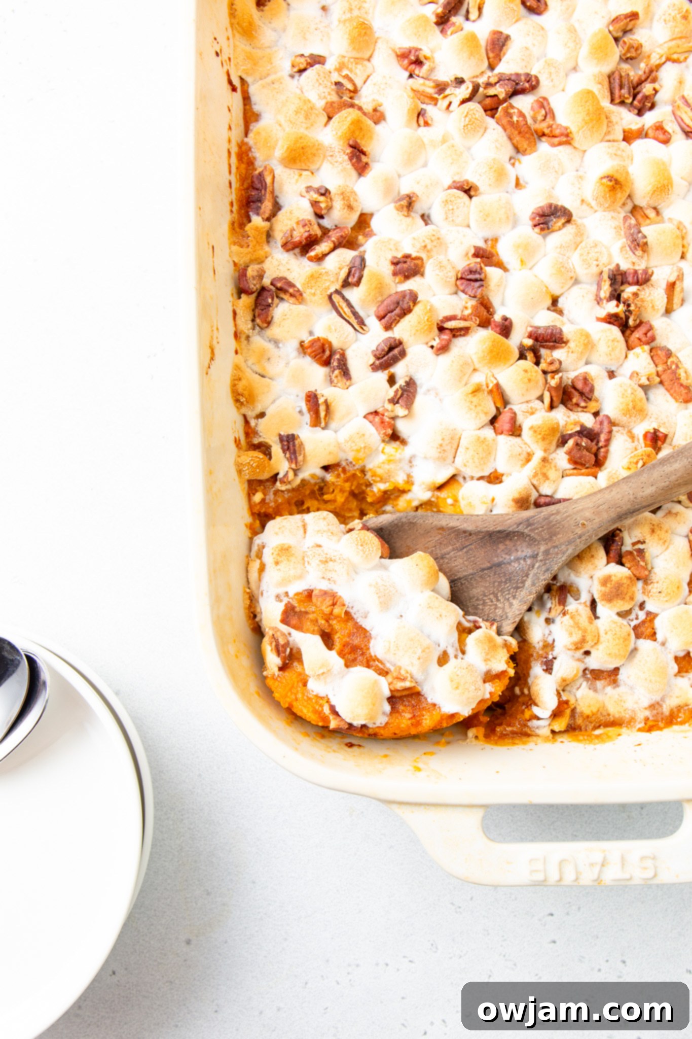 Sweet Potato Casserole with Marshmallows in a casserole dish