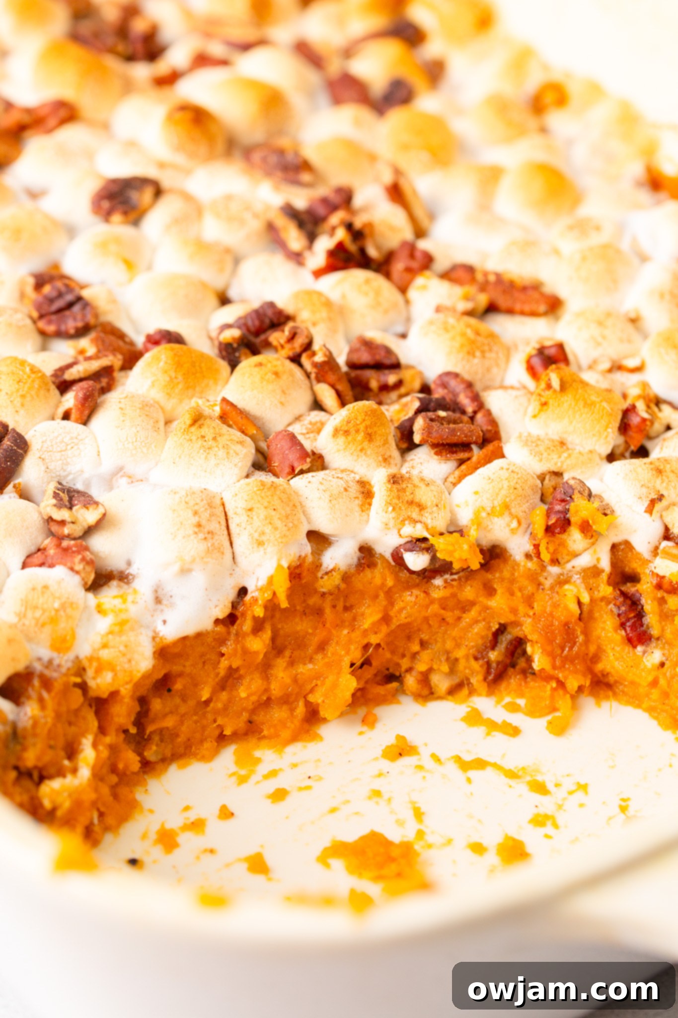 Golden Sweet Potato Marshmallow Bake 5 Sweet Potato Casserole with Marshmallows inside of the casserole