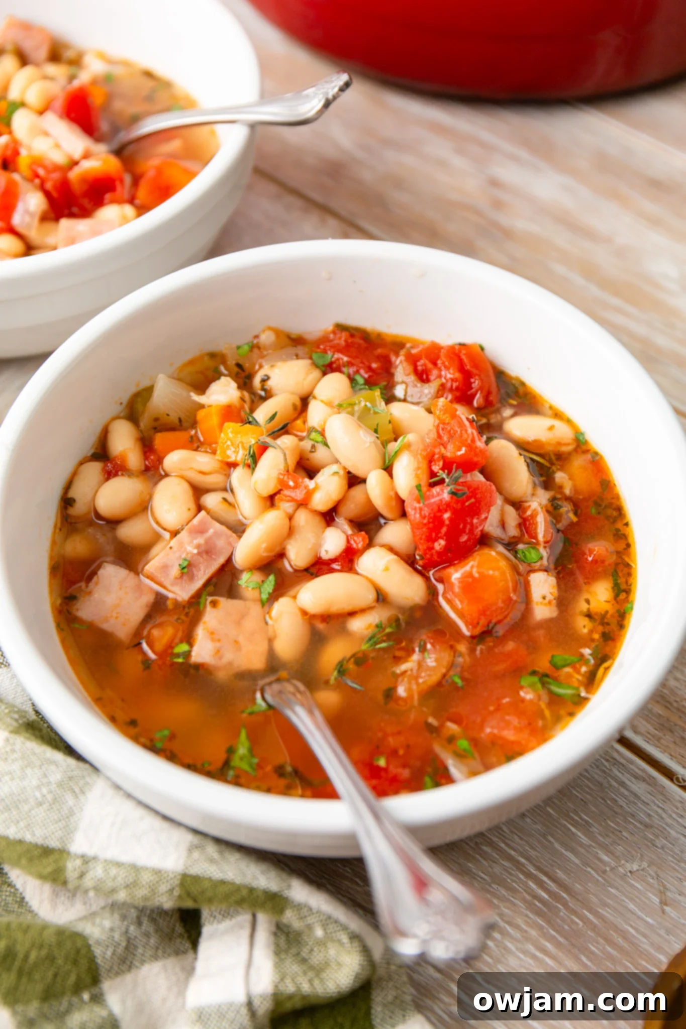 Navy Bean Soup Recipe with spoon in a bowl, ready to eat