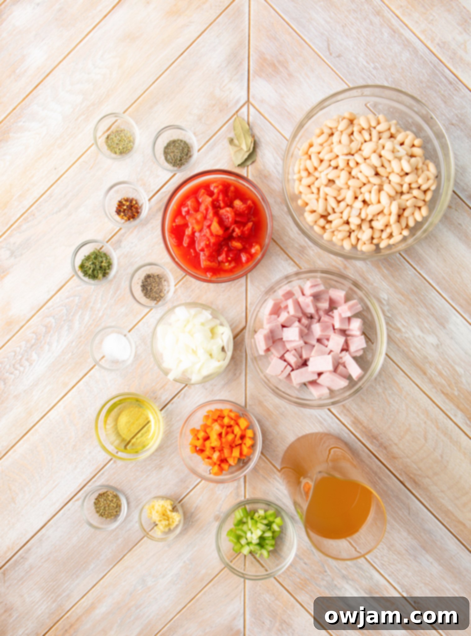 Navy Bean Soup Recipe ingredients laid out on a table