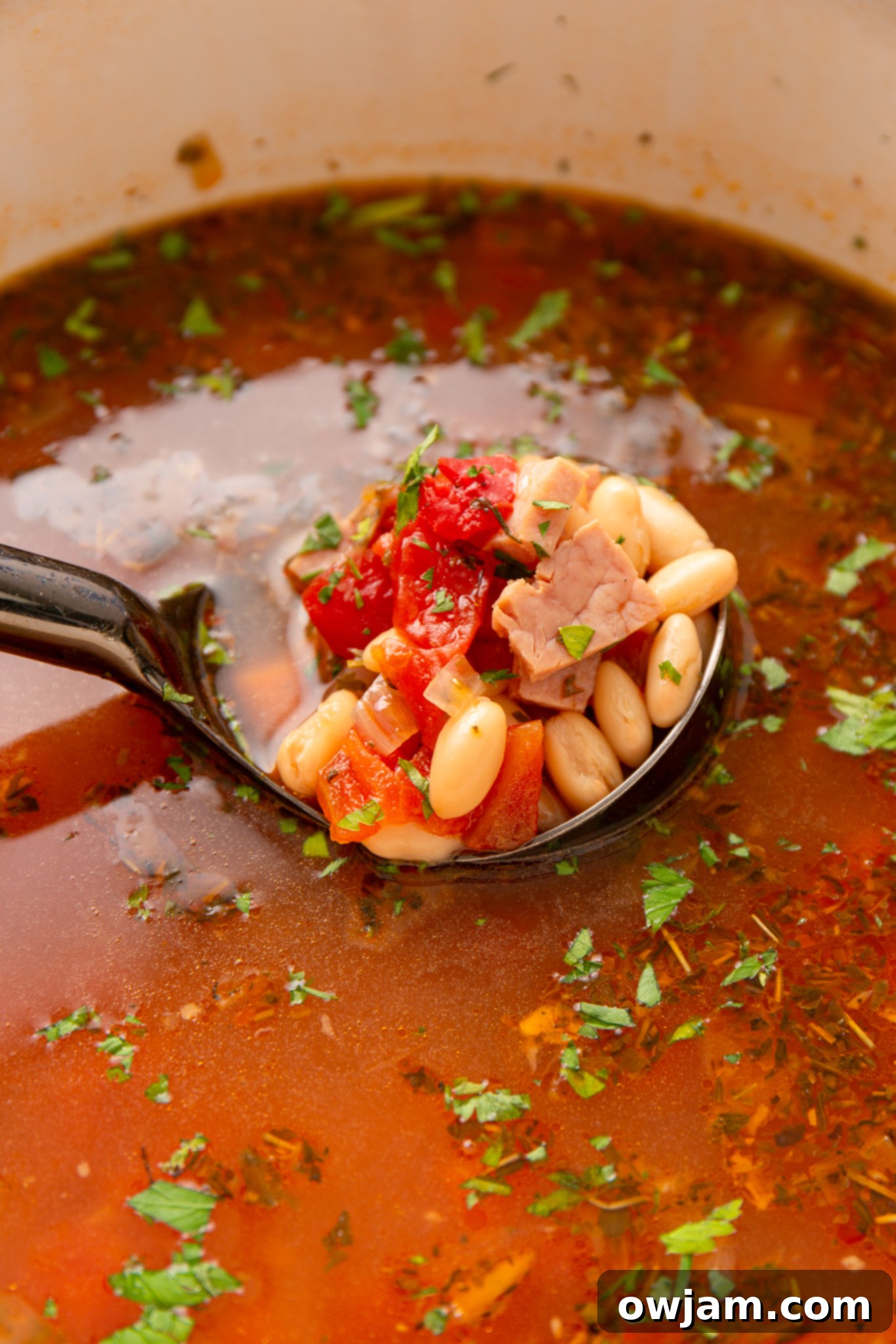 Navy Bean Soup Recipe with a spoonful of soup being lifted from the pot