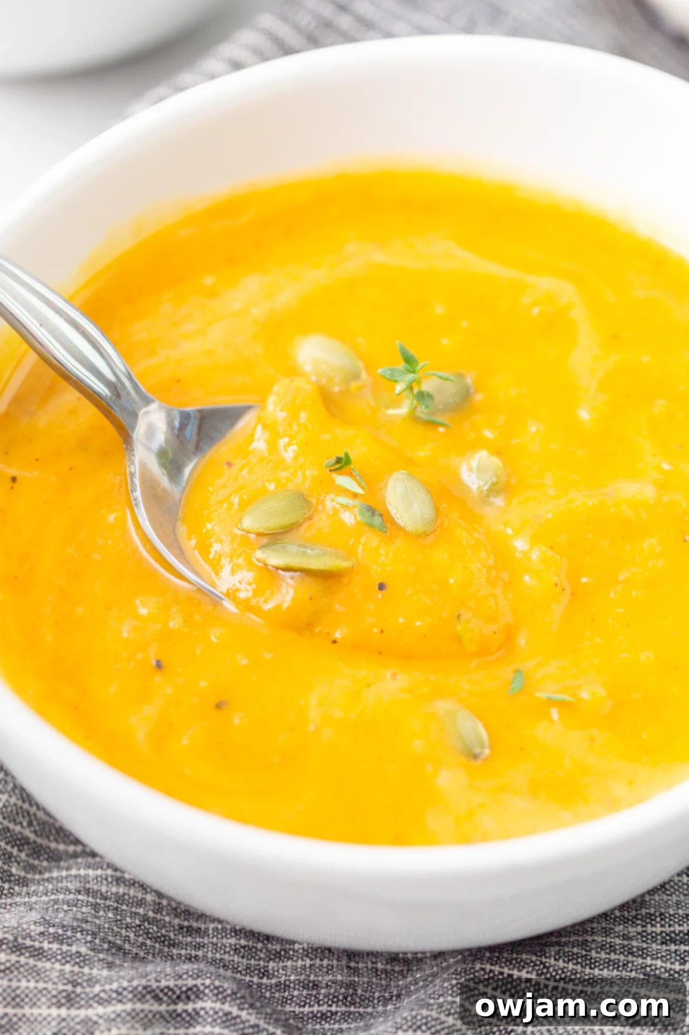 Cozy Roasted Butternut Squash Soup 2 Easy Roasted Butternut Squash Soup with spoon in a white bowl, perfect for fall and winter.