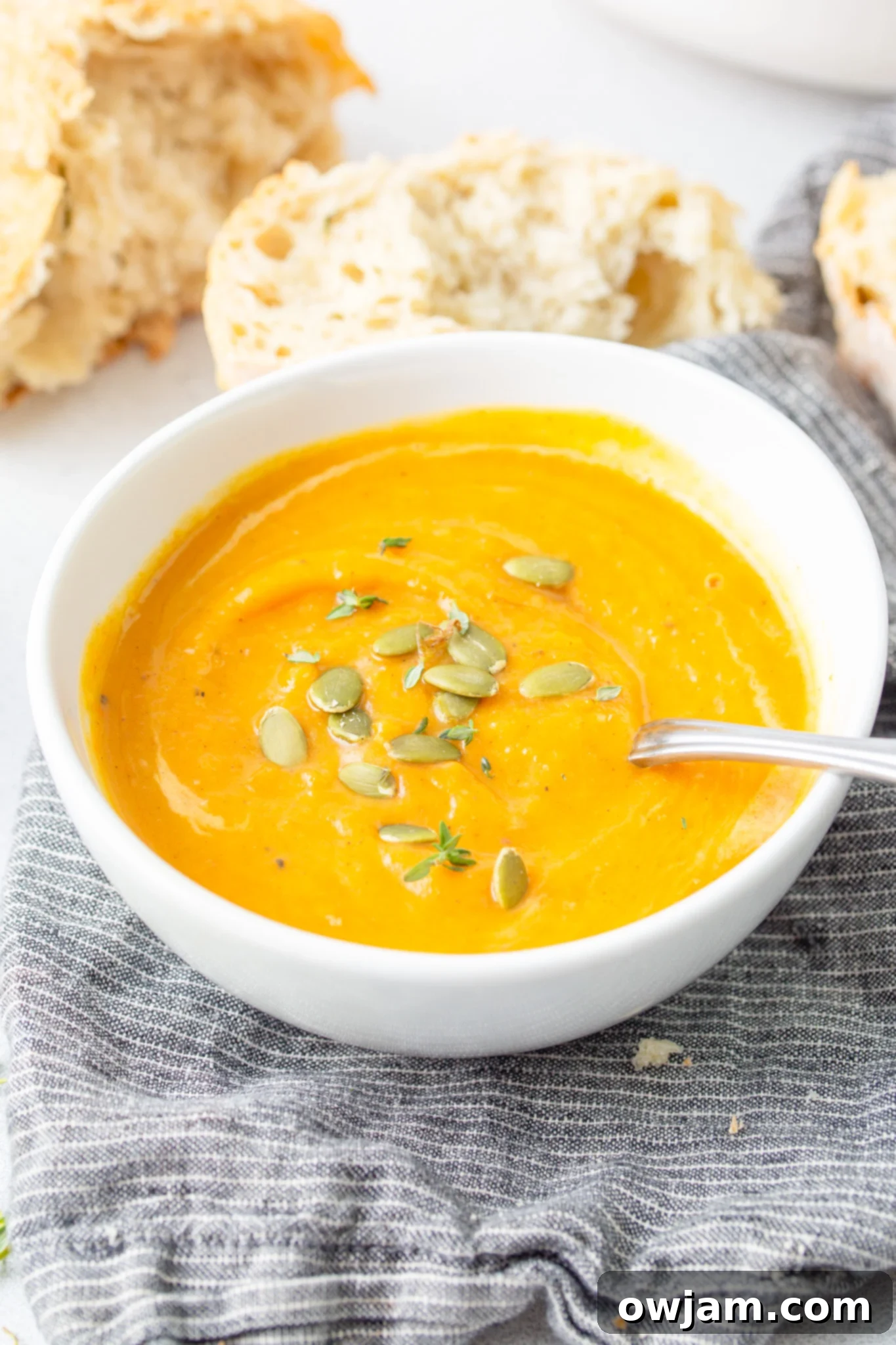 Cozy Roasted Butternut Squash Soup 3 Easy Roasted Butternut Squash Soup in a pristine white bowl, garnished beautifully.