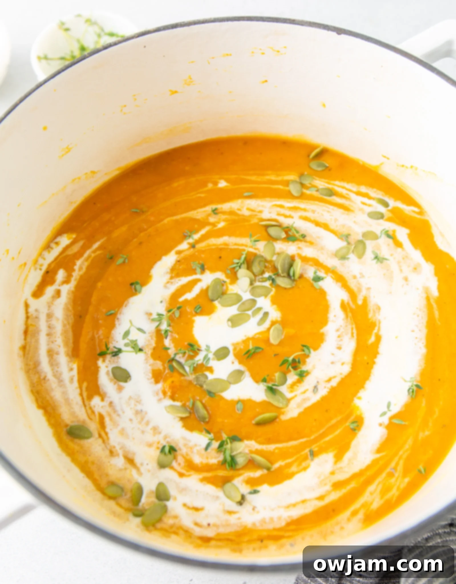 Cozy Roasted Butternut Squash Soup 9 Easy Roasted Butternut Squash Soup garnished with Greek yogurt and pumpkin seeds.