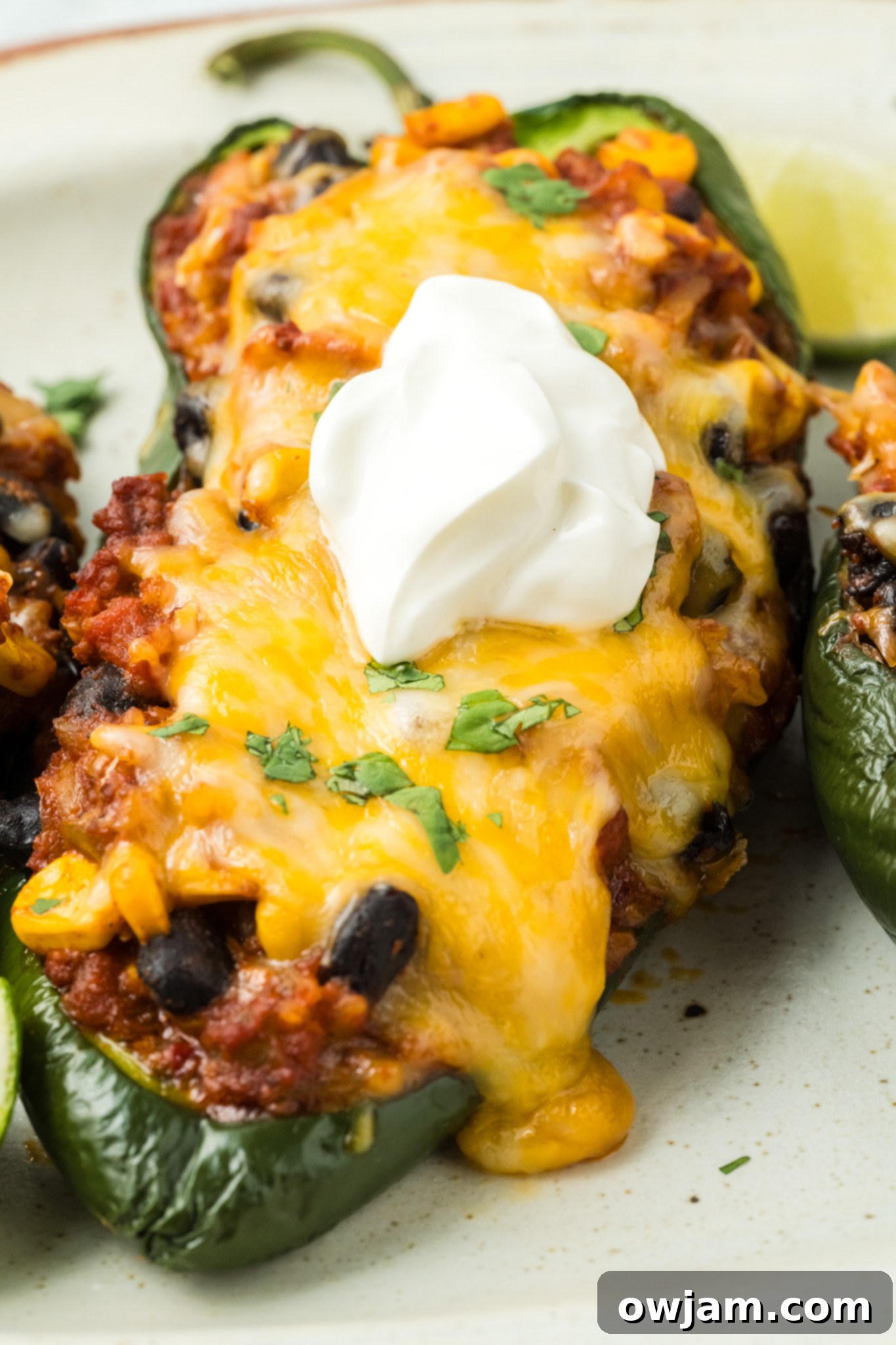 Stuffed Poblano Peppers Recipe with sour cream.