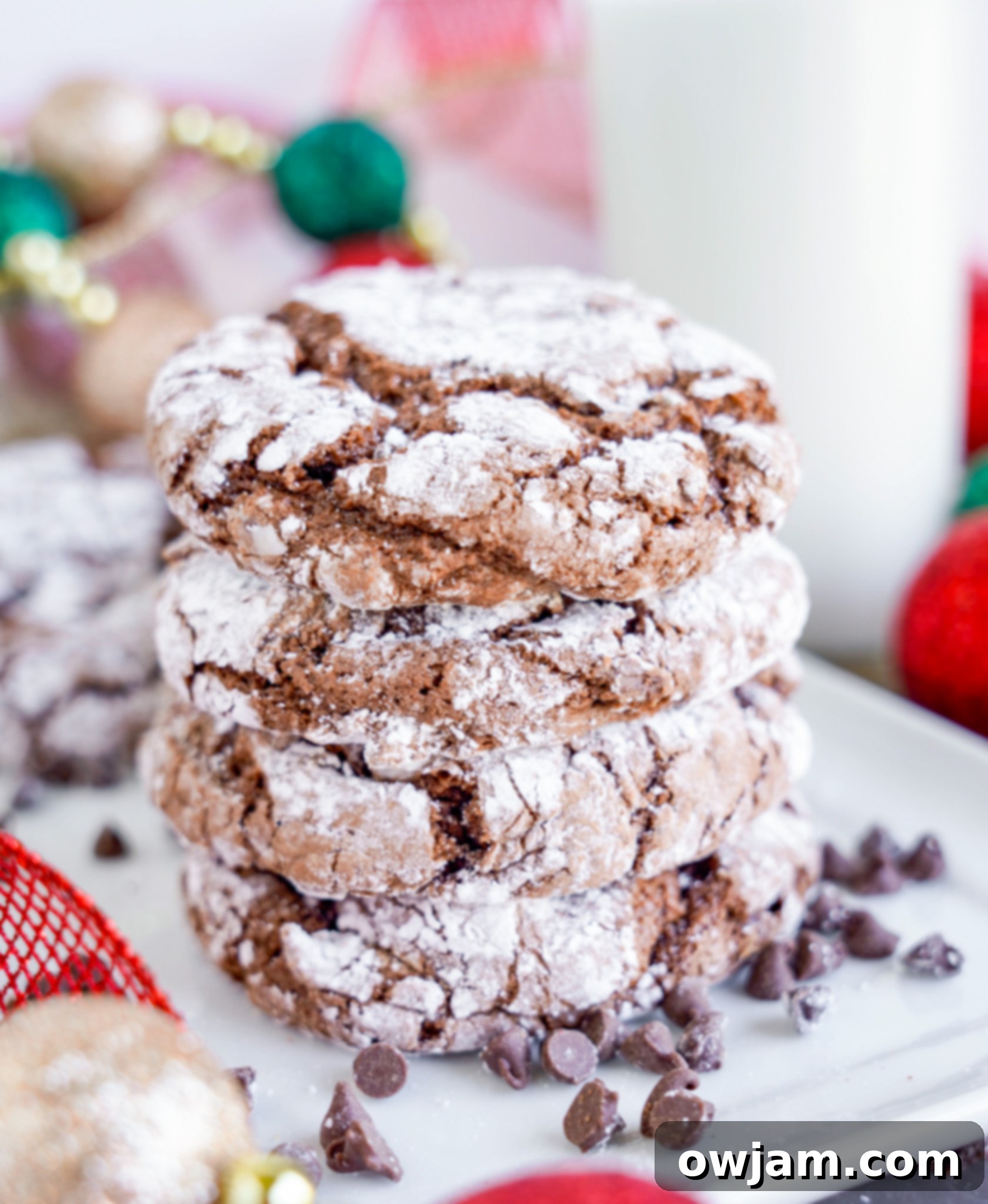 Decadent Chocolate Crinkle Cookies 15 Chocolate Crinkle Cookie Recipe cookies stacked.