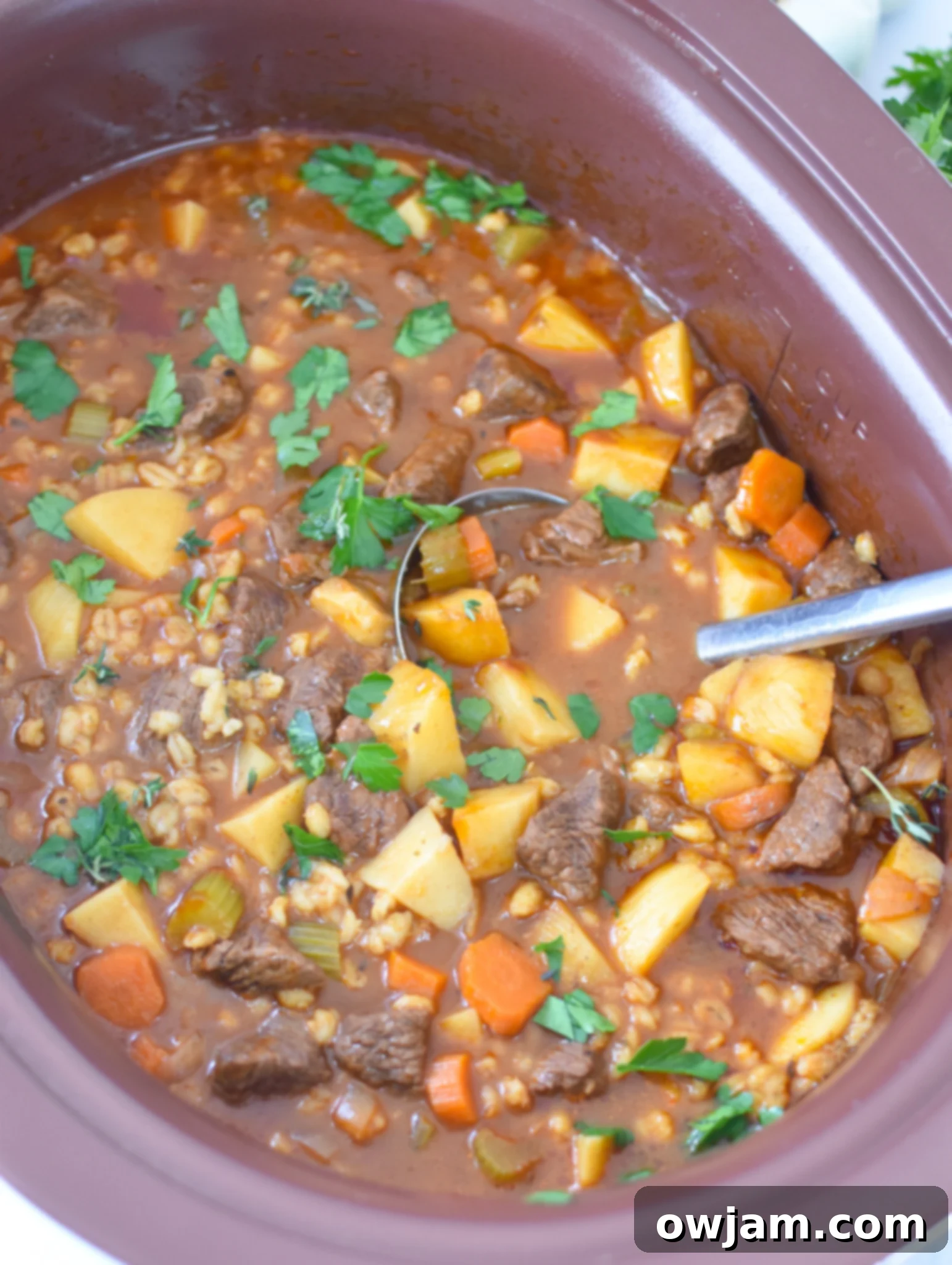 Hearty Slow Cooker Beef Barley Soup 3 Slow Cooker Beef Barley Soup simmering in a crockpot, ready to serve.