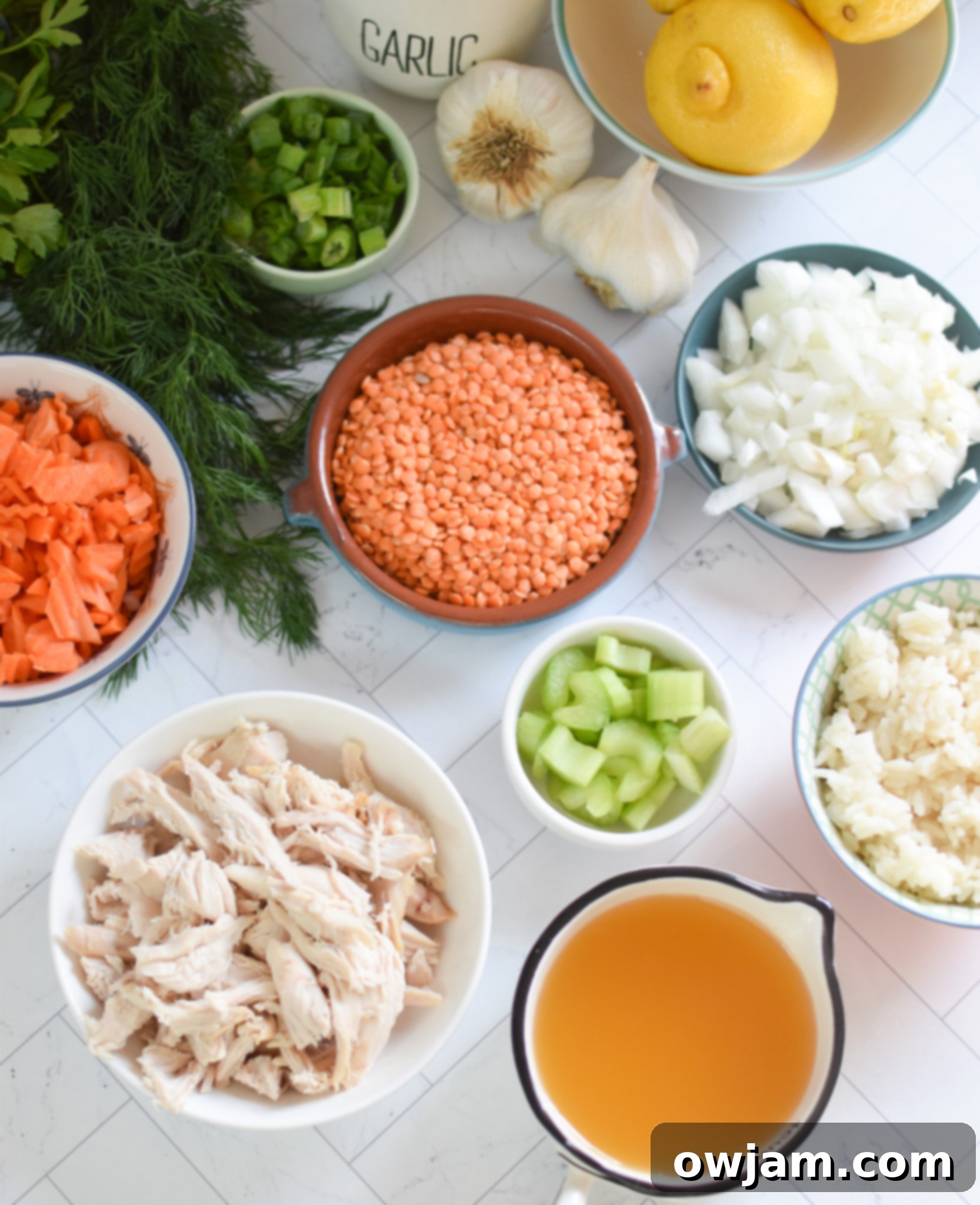 A collection of fresh ingredients laid out on a table for Chicken Lentil Soup, including carrots, celery, onion, garlic, spices, and lentils.