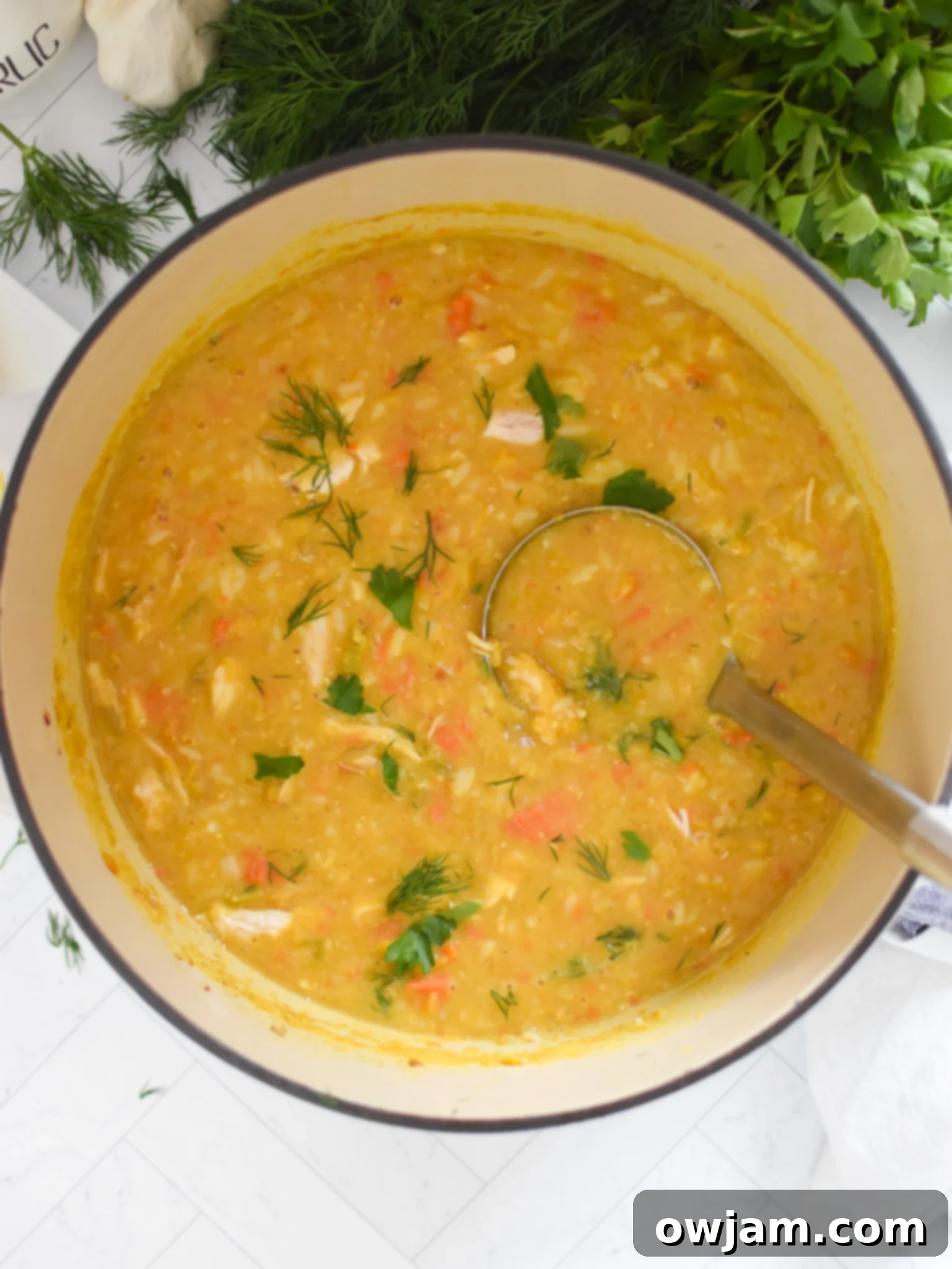 A large pot of Chicken Lentil Soup with a ladle, showing its rich, thick consistency.