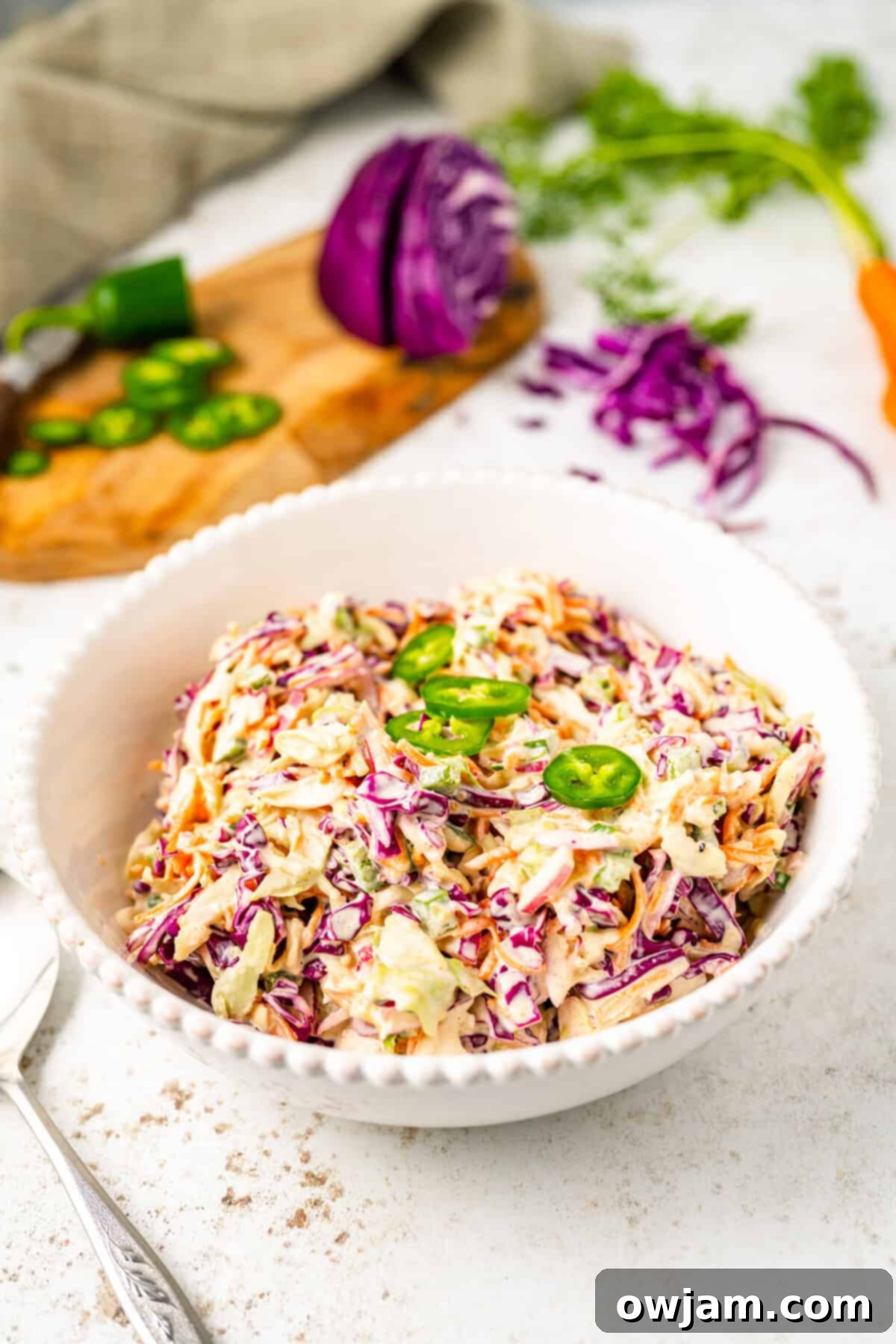 Spicy Jalapeno Coleslaw 3 Fresh Jalapeño Coleslaw in a white bowl, viewed from above, highlighting its vibrant colors.