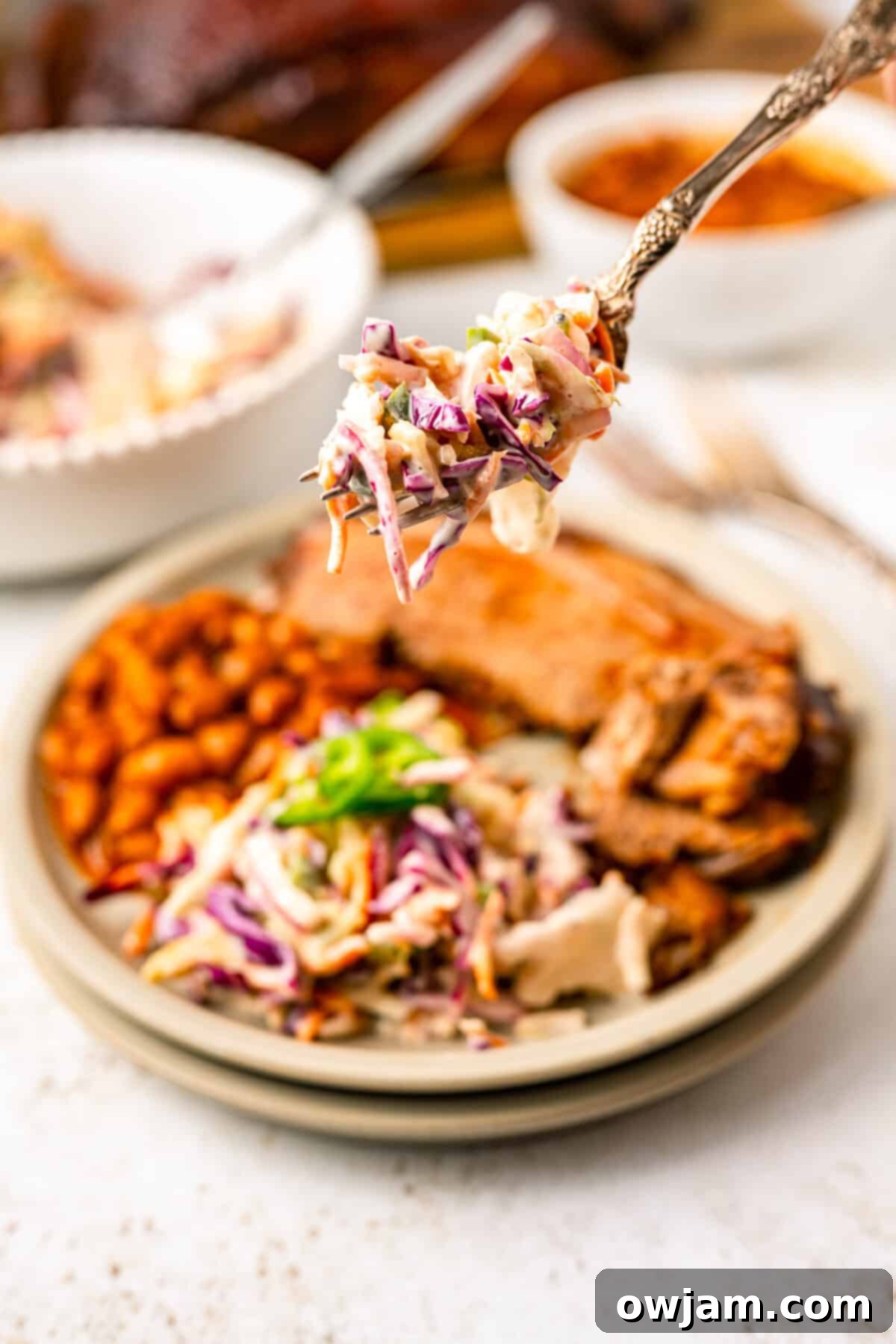 Spicy Jalapeno Coleslaw 8 A serving of Jalapeño Coleslaw on a plate next to grilled food, showcasing its vibrant appeal.