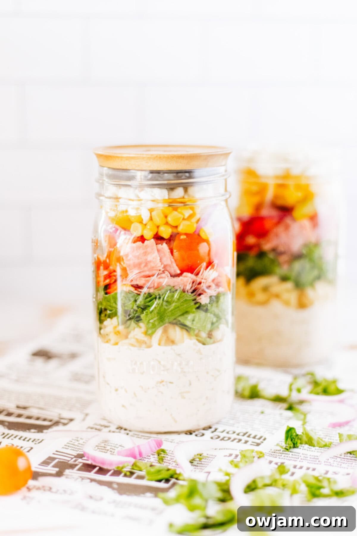 Portable Italian Pasta Salad Jar 2 Italian Pasta Mason Jar Salad in a jar with lid, ready for meal prep.