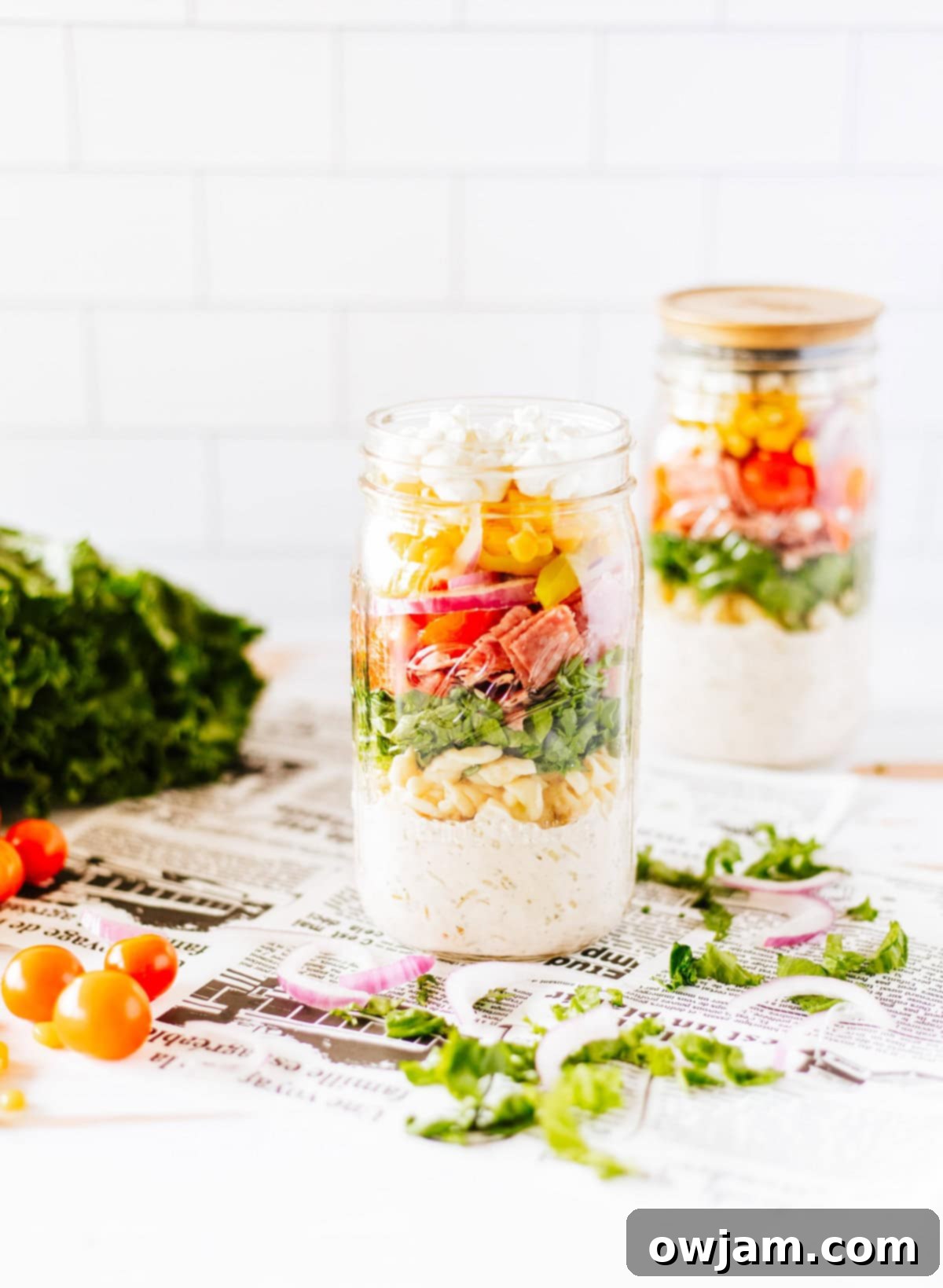 Portable Italian Pasta Salad Jar 8 Two Italian Pasta Mason Jar Salads, perfectly layered and ready for meal prep.