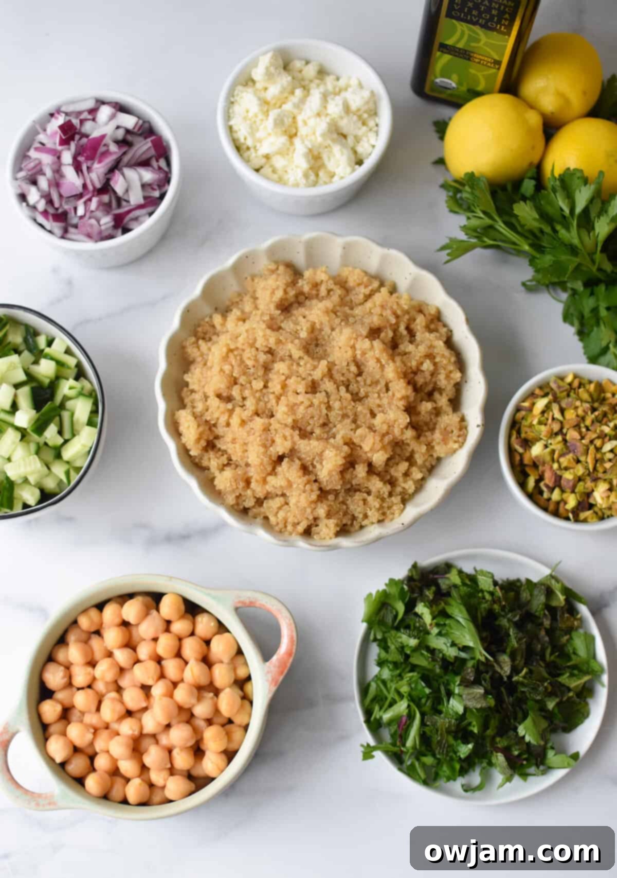 recipe ingredients in small bowls. 