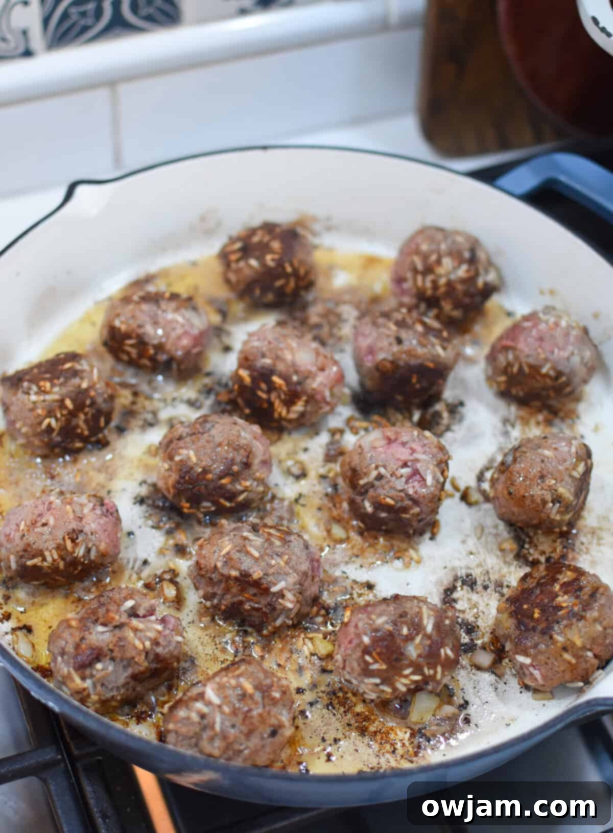 Homestyle Spiked Meatballs 8 Porcupine Meatballs in a skillet