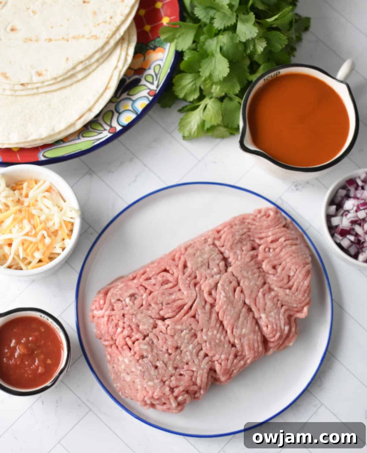 Simple Pork Enchiladas in Minutes 3 A selection of fresh ingredients laid out in small bowls, including diced onions, garlic, various spices, and shredded cheese, ready for an easy pork enchilada recipe.