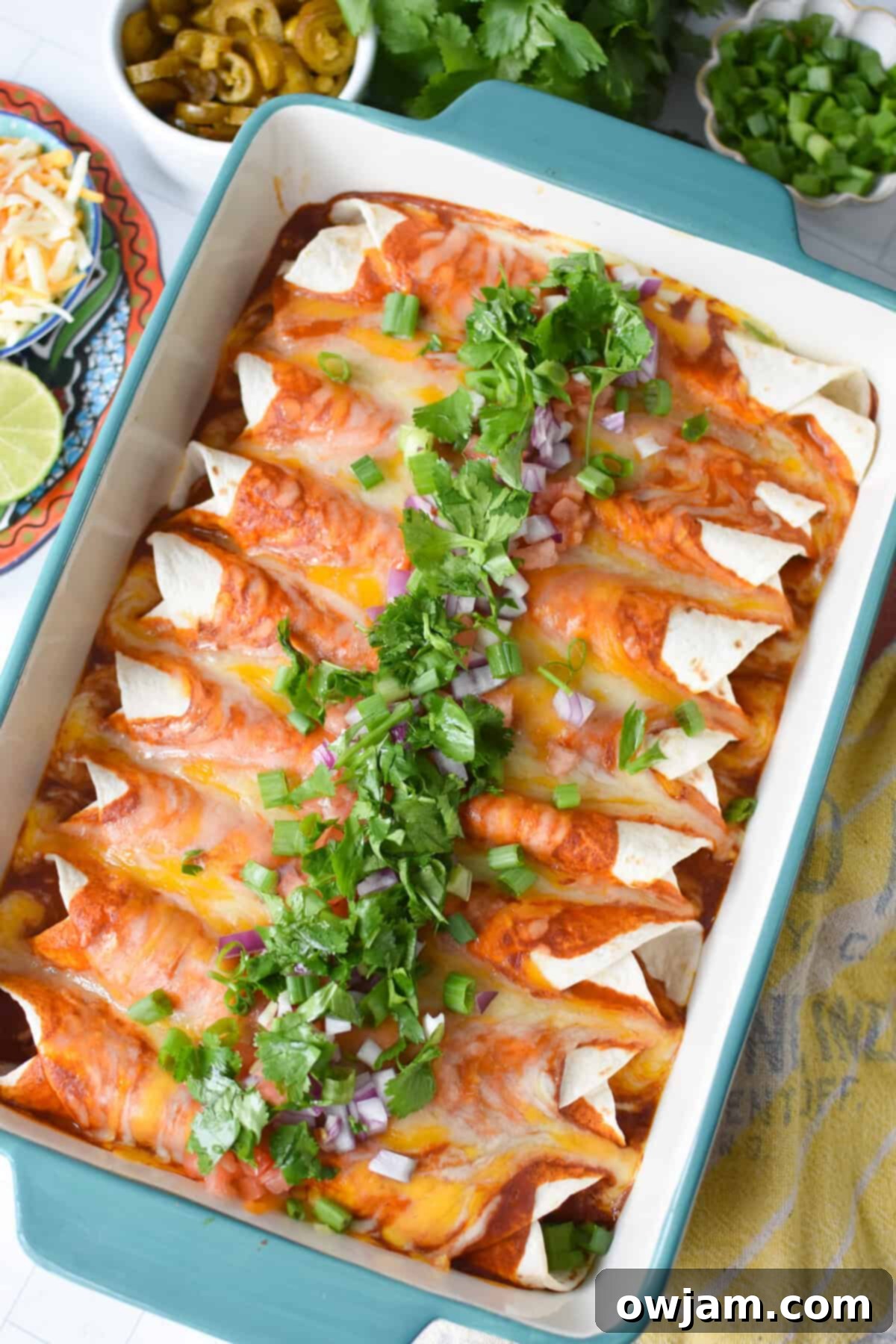 Simple Pork Enchiladas in Minutes 4 A casserole dish filled with baked pork enchiladas, generously topped with melted cheese, fresh cilantro, diced red onions, and tomatoes, ready to be served.