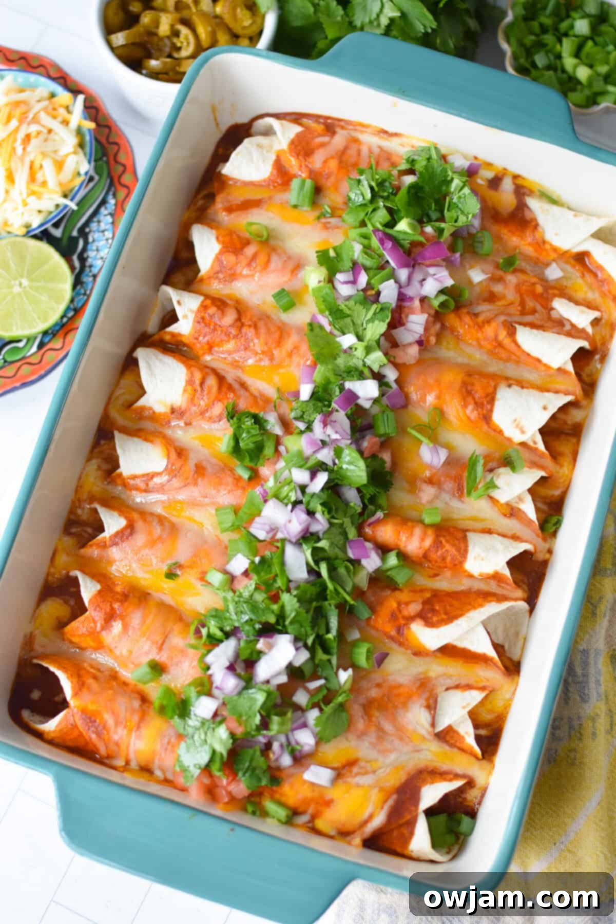 Simple Pork Enchiladas in Minutes 8 A casserole dish filled with baked pork enchiladas, beautifully garnished with fresh cilantro, diced red onions, and tomatoes, ready for a delicious meal.