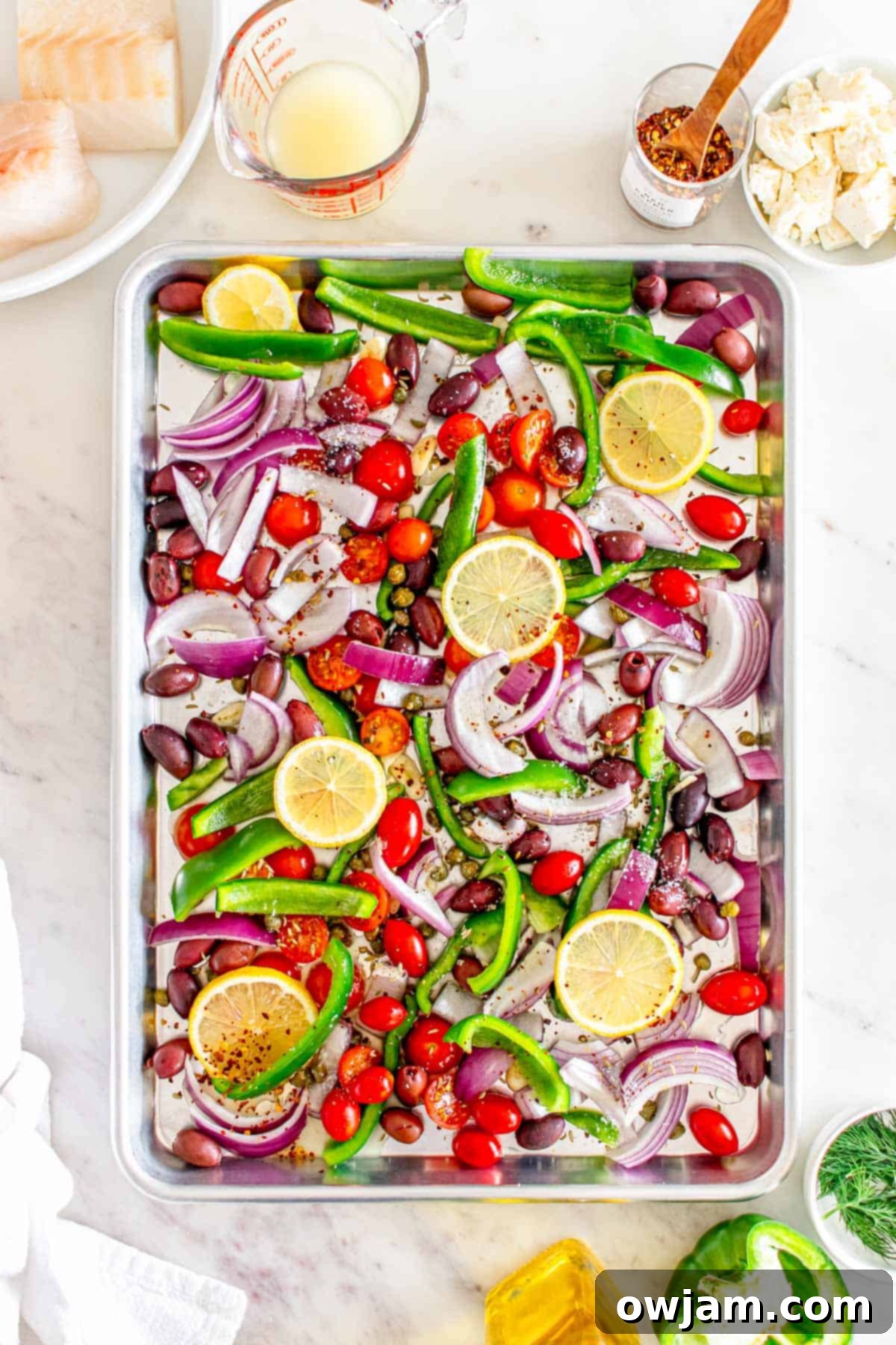 Sheet Pan Mediterranean Cod vegetables on sheet pan 