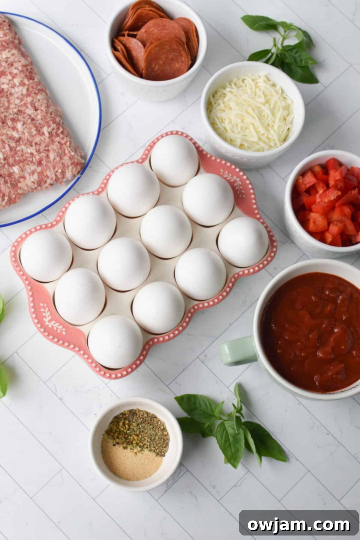 Cheesy Pizza Egg Bites 4 Ingredients for Pizza Egg Muffins laid out on a cutting board