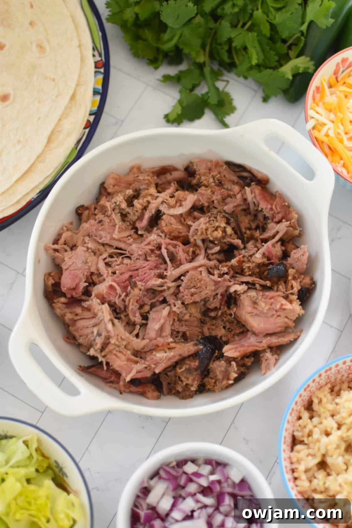 Ultimate Pulled Pork Burritos 5 Pulled Pork Burritos pork in a bowl