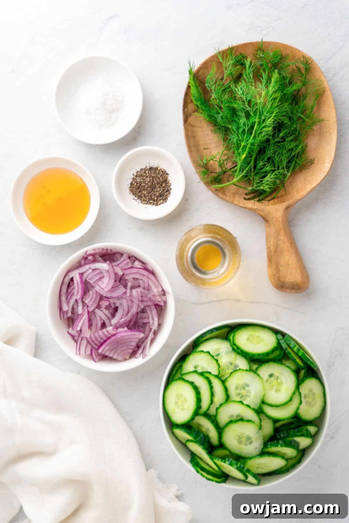Fresh ingredients for Cucumber Onion Salad laid out, including sliced cucumbers, red onion, honey, dill, and white wine vinegar