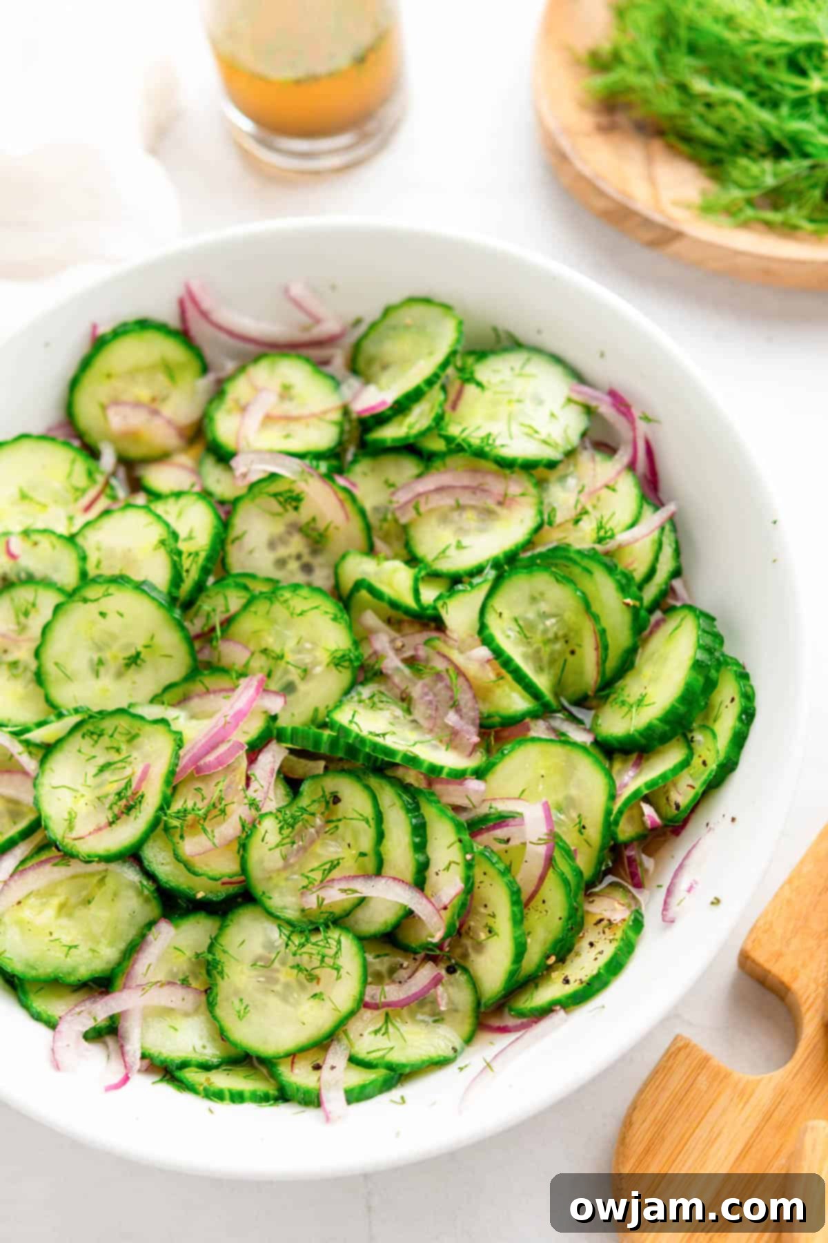Close-up of freshly prepared Cucumber Onion Salad in a pristine white bowl