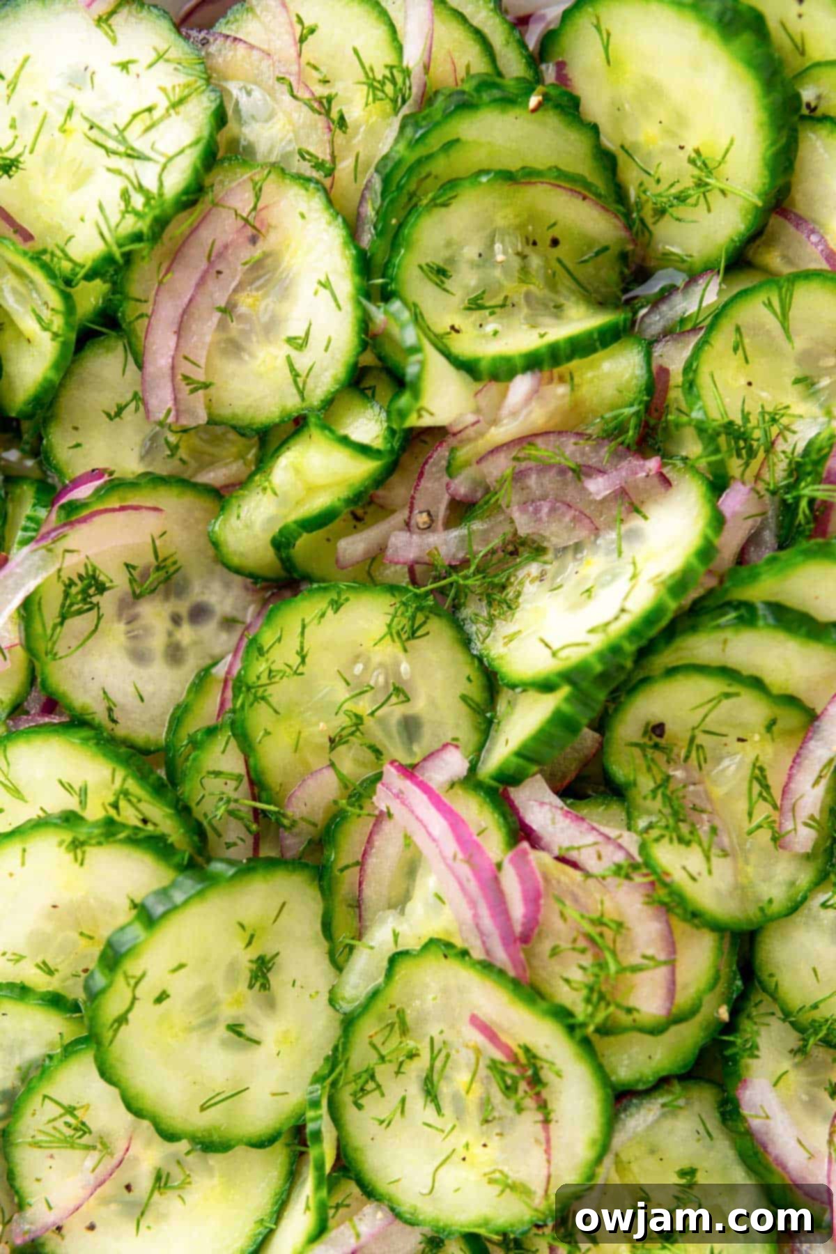 Cucumber Onion Salad with the dressing mixed in, showing the vibrant combination of ingredients