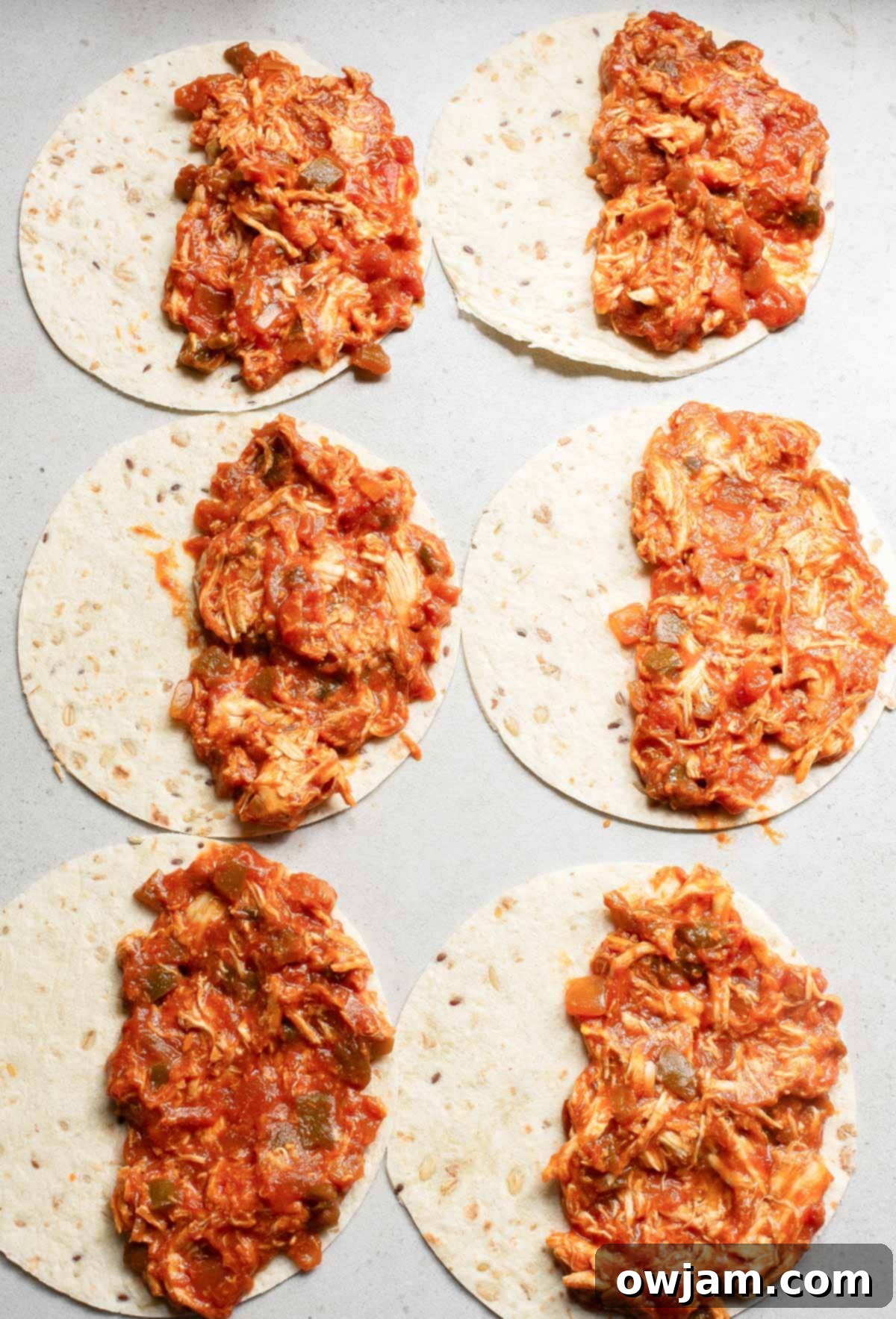 Chicken and salsa mixture being spread onto a tortilla