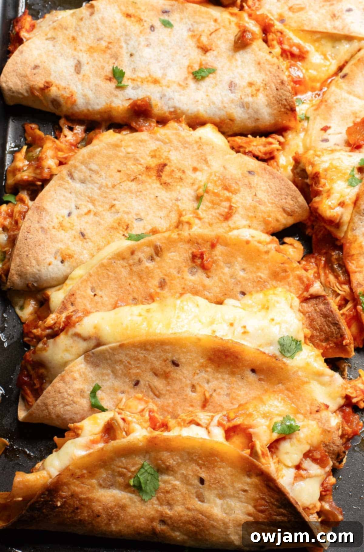 Close-up of baked chicken tacos with melted cheese oozing out