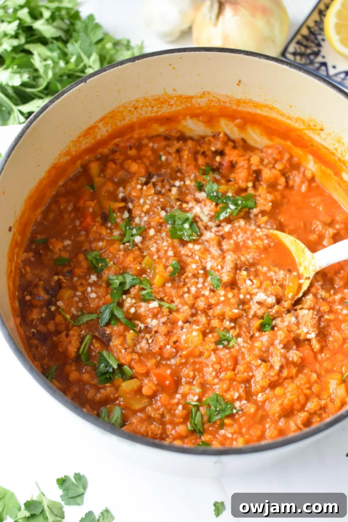 Lentil Sausage Soup Recipe with spoon 