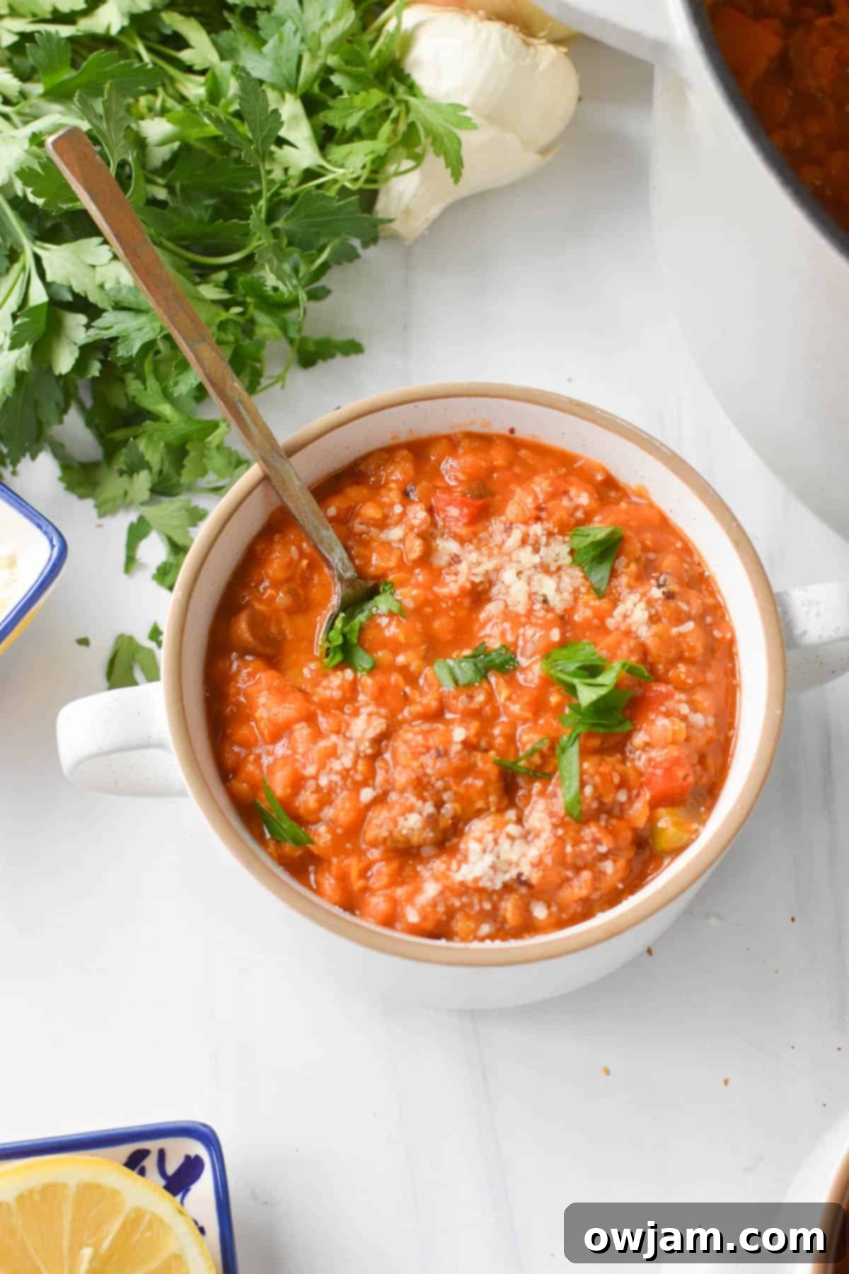 Lentil Sausage Soup Recipe with spoon