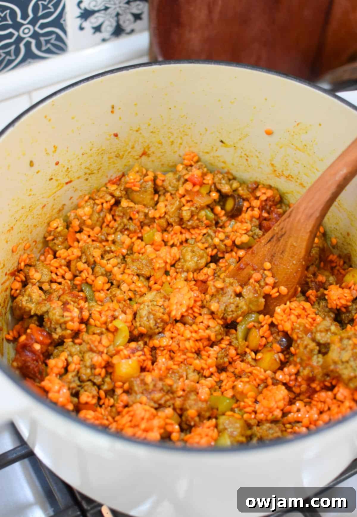 Lentil Sausage Soup Recipe with spoon 