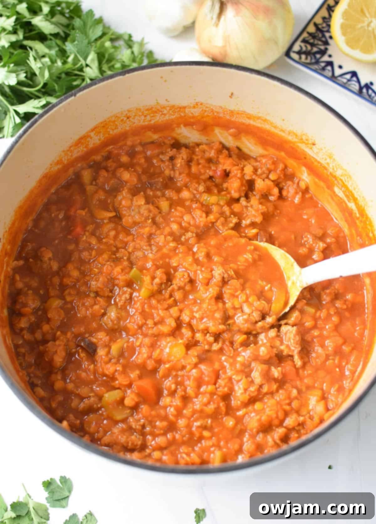 Lentil Sausage Soup Recipe in a dutch oven