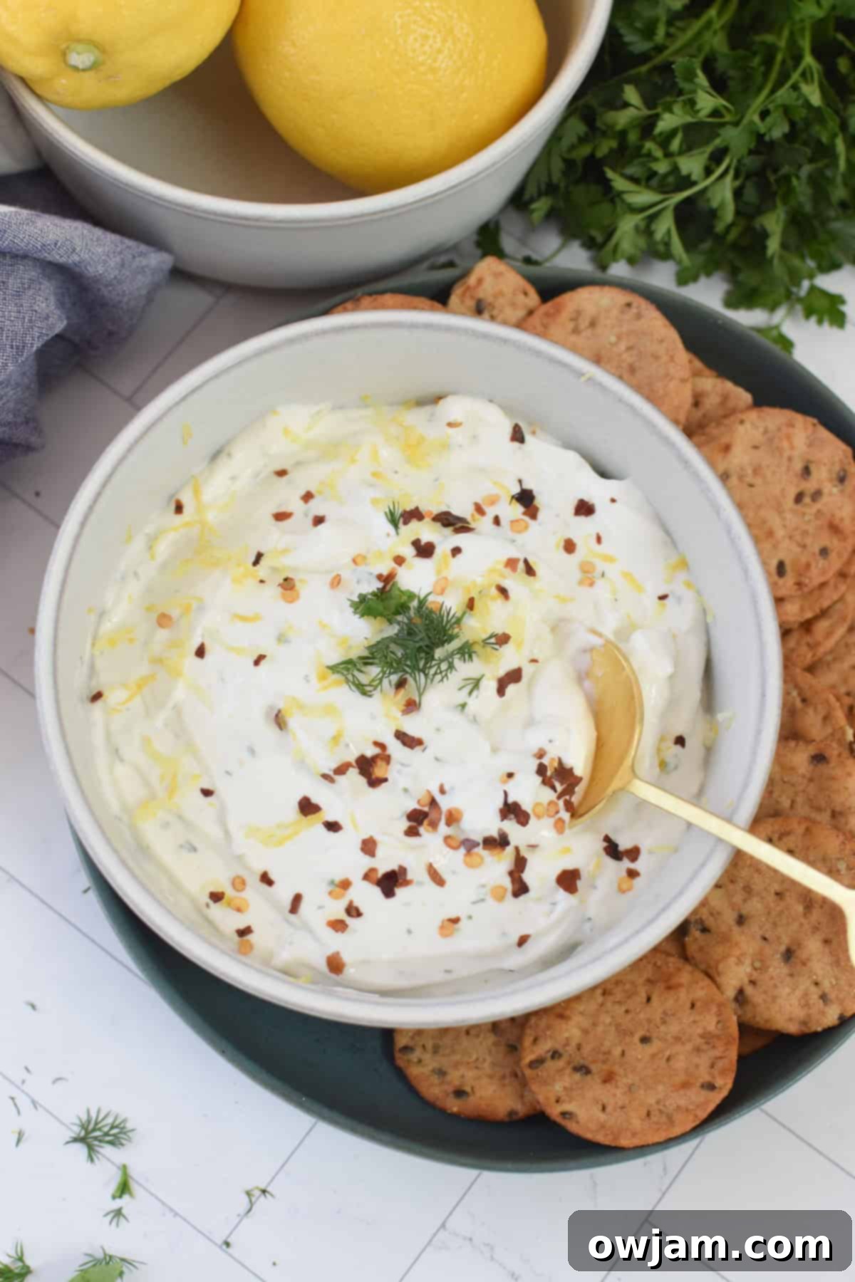 Velvety Cottage Cheese 12 Whipped Cottage Cheese served with a variety of crackers