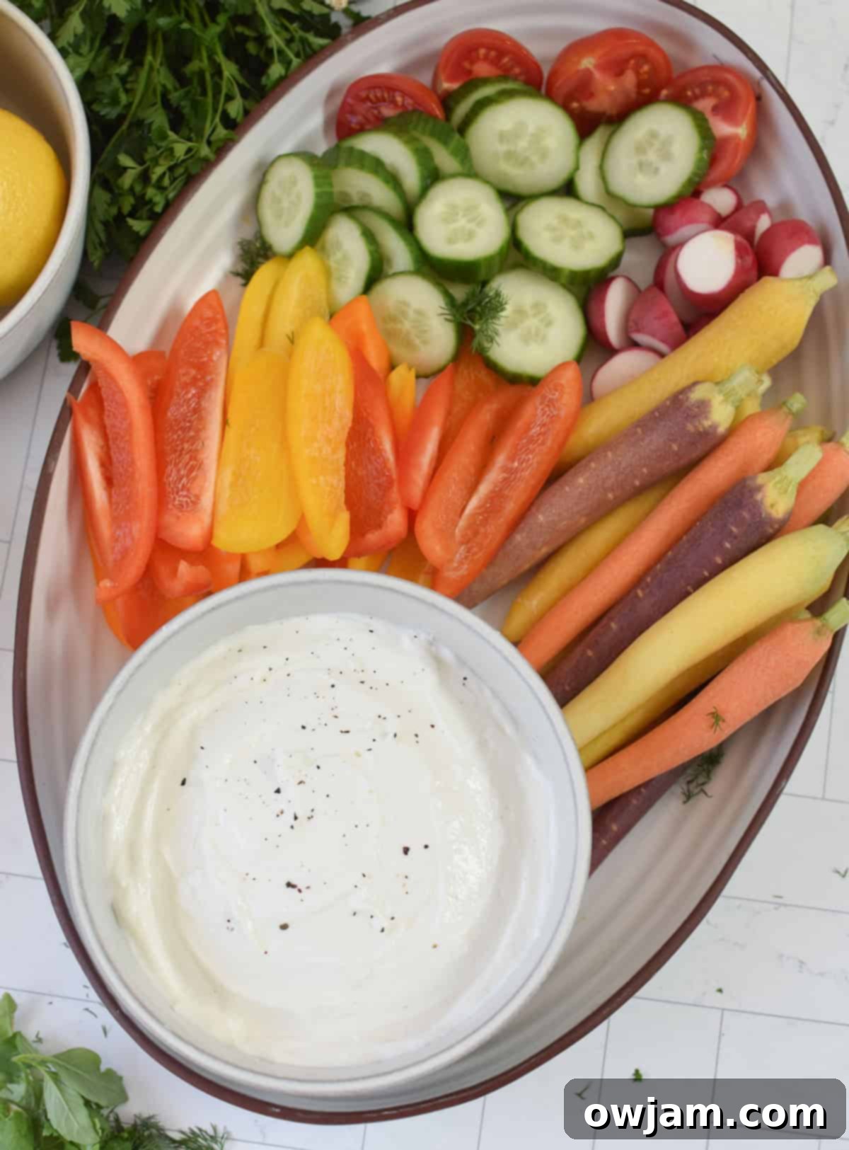 Velvety Cottage Cheese 13 Whipped Cottage Cheese garnished with fresh herbs, ready to be served with vegetables