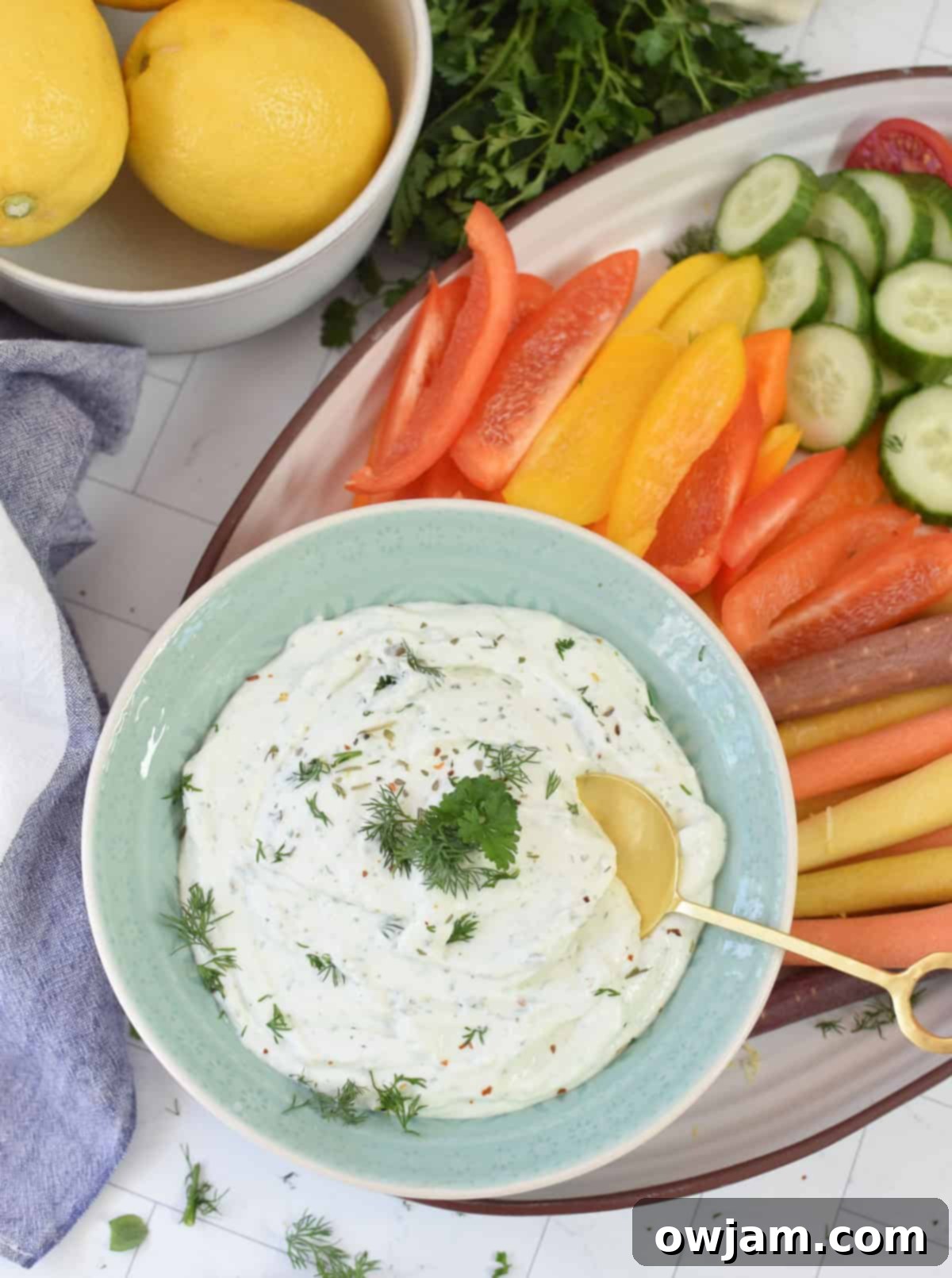 Velvety Cottage Cheese 9 Close-up of Garlic Herb Whipped Cottage Cheese with fresh vegetables and pita chips