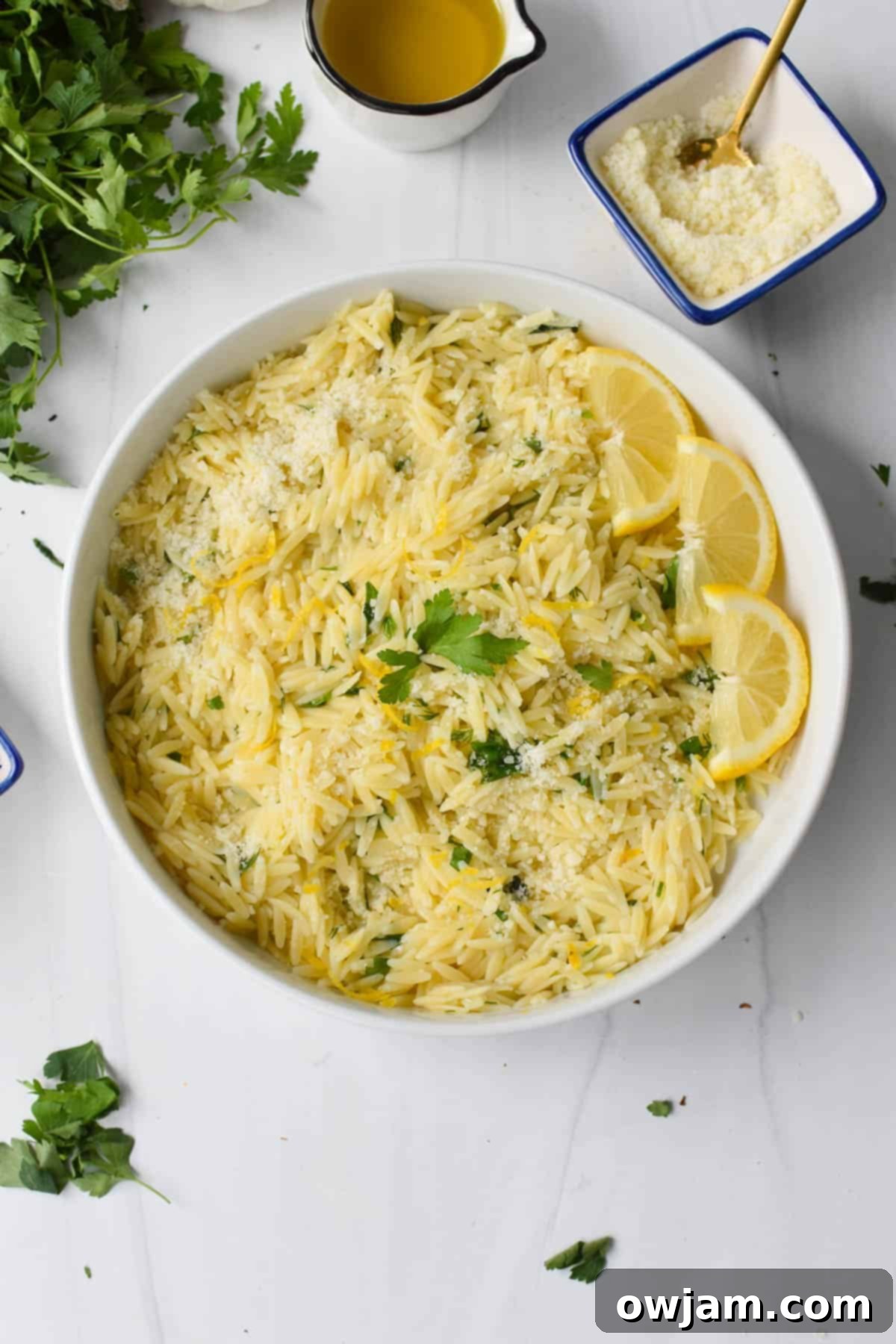 Zesty Lemon Orzo 3 Lemon Orzo Recipe in white bowl