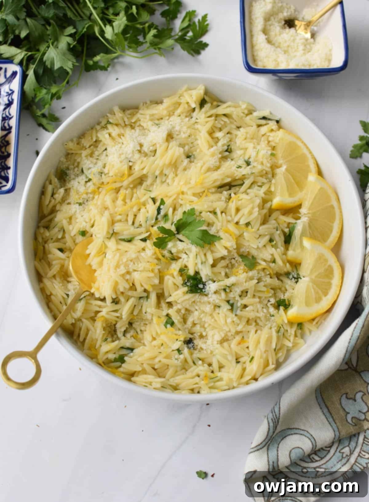 Zesty Lemon Orzo 6 Lemon Orzo Recipe in a white bowl