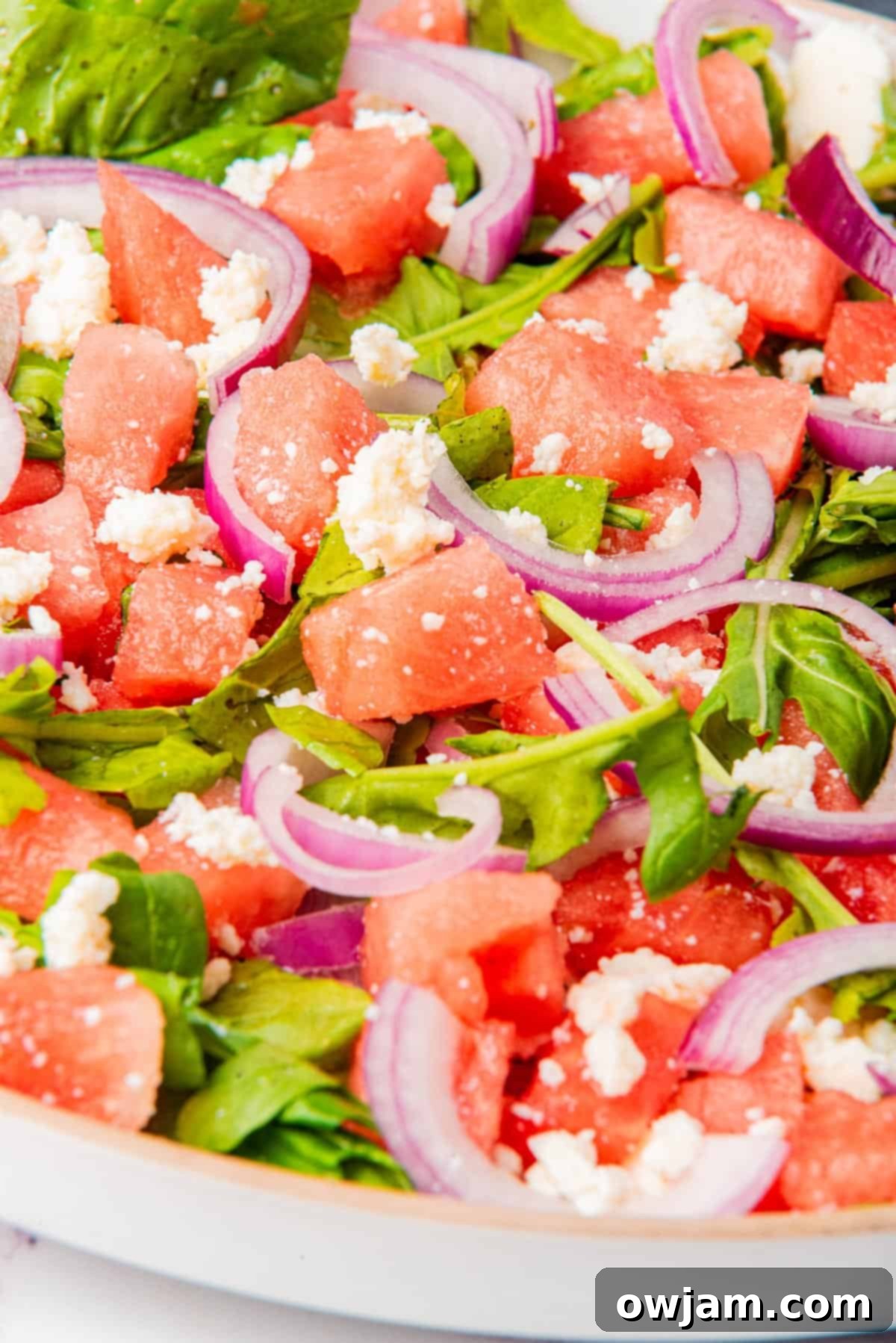Watermelon Arugula Salad served on a rustic plate, ready to be enjoyed.
