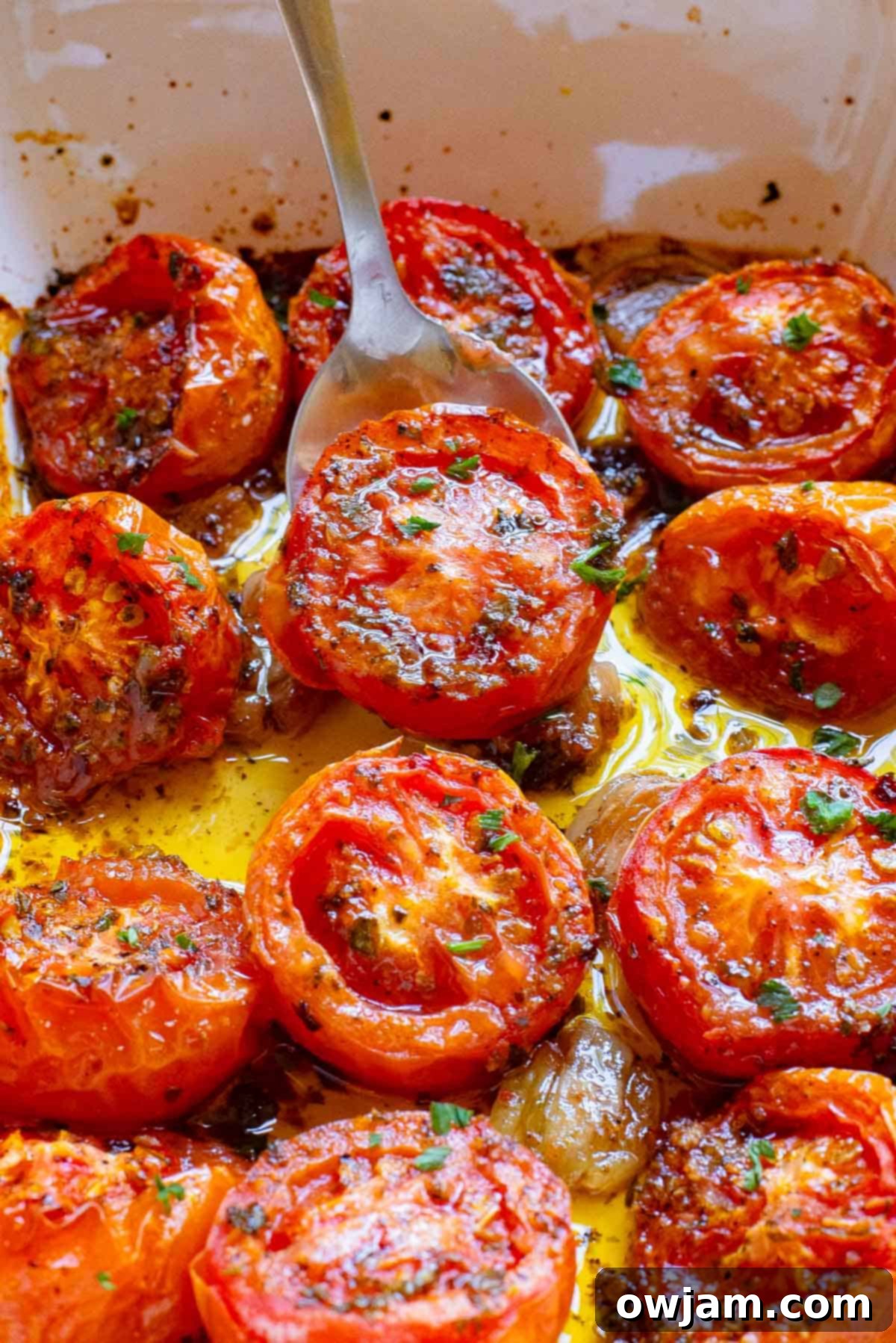 Oven Roasted Tomatoes in a white baking dish