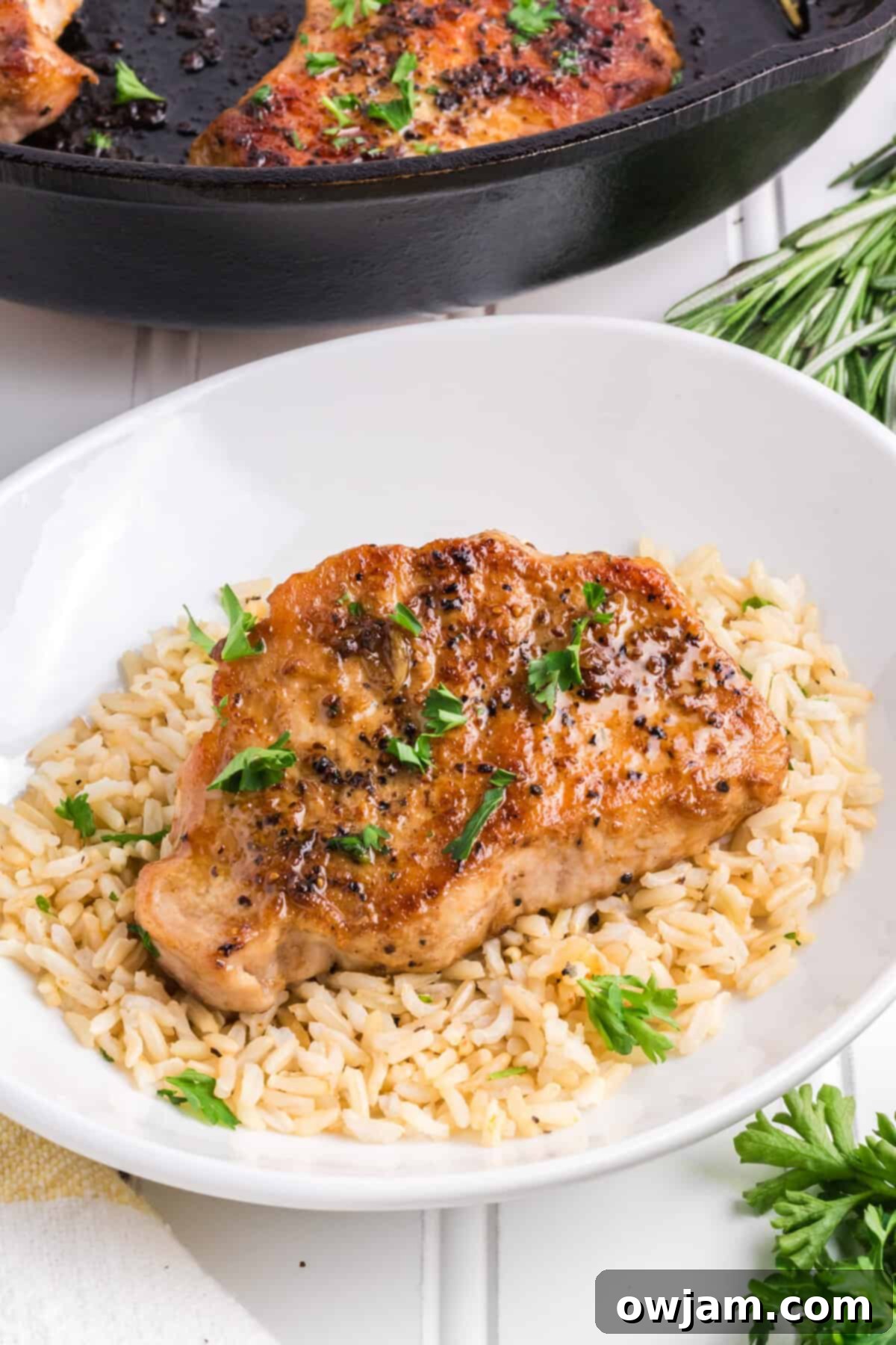 Pan Seared Pork Chops on a white plate