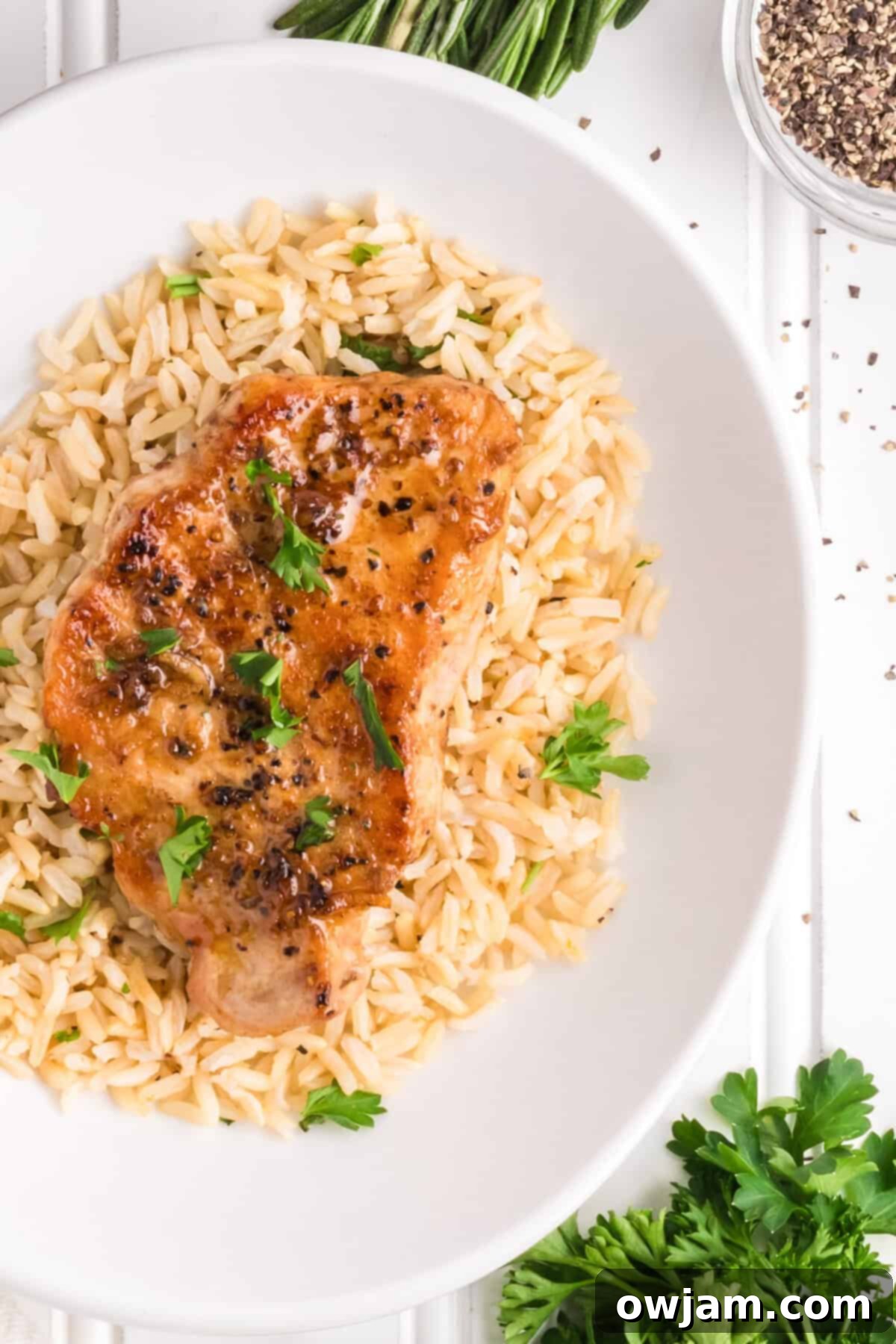 Pan Seared Pork Chops with rice on a white plate
