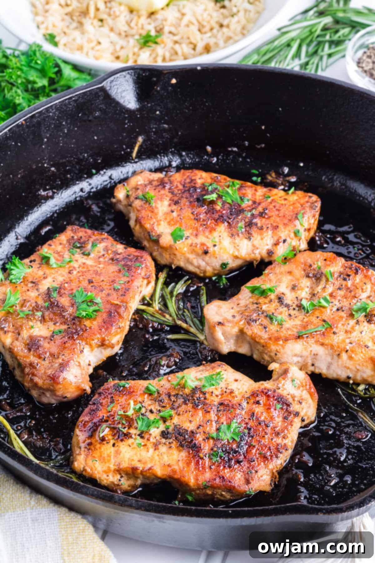 Pan Seared Pork Chops in a skillet